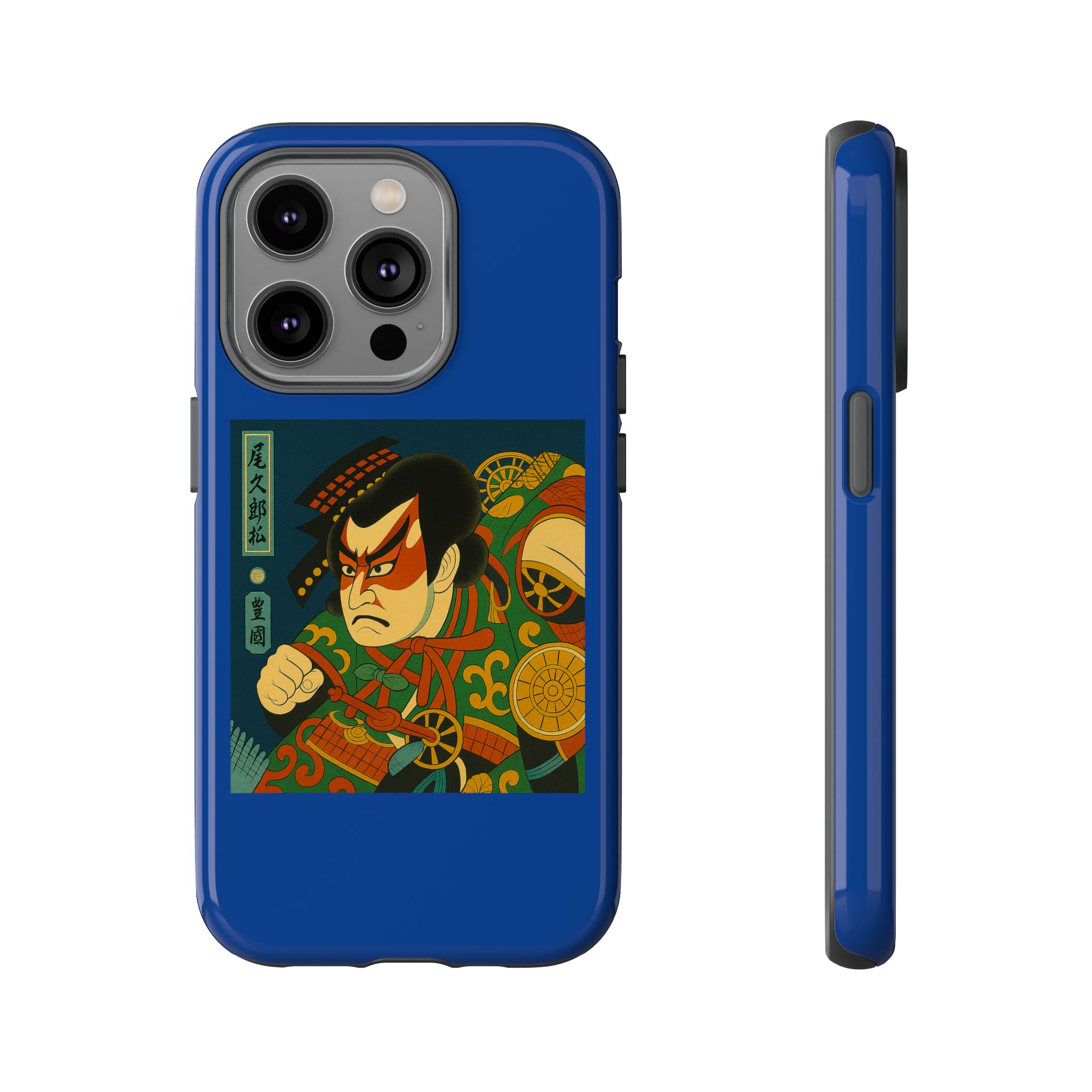 Blue phone case featuring traditional samurai artwork with a fierce expression and intricate designs.