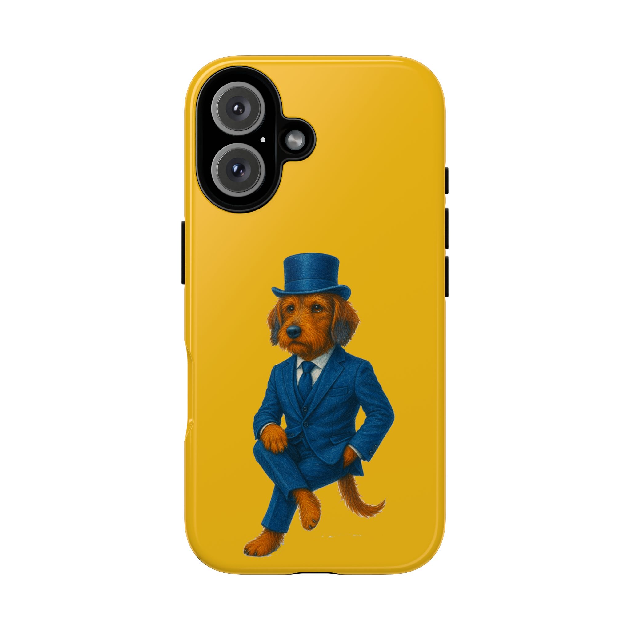 Phone case featuring a dog dressed in a blue suit and top hat against a yellow background.