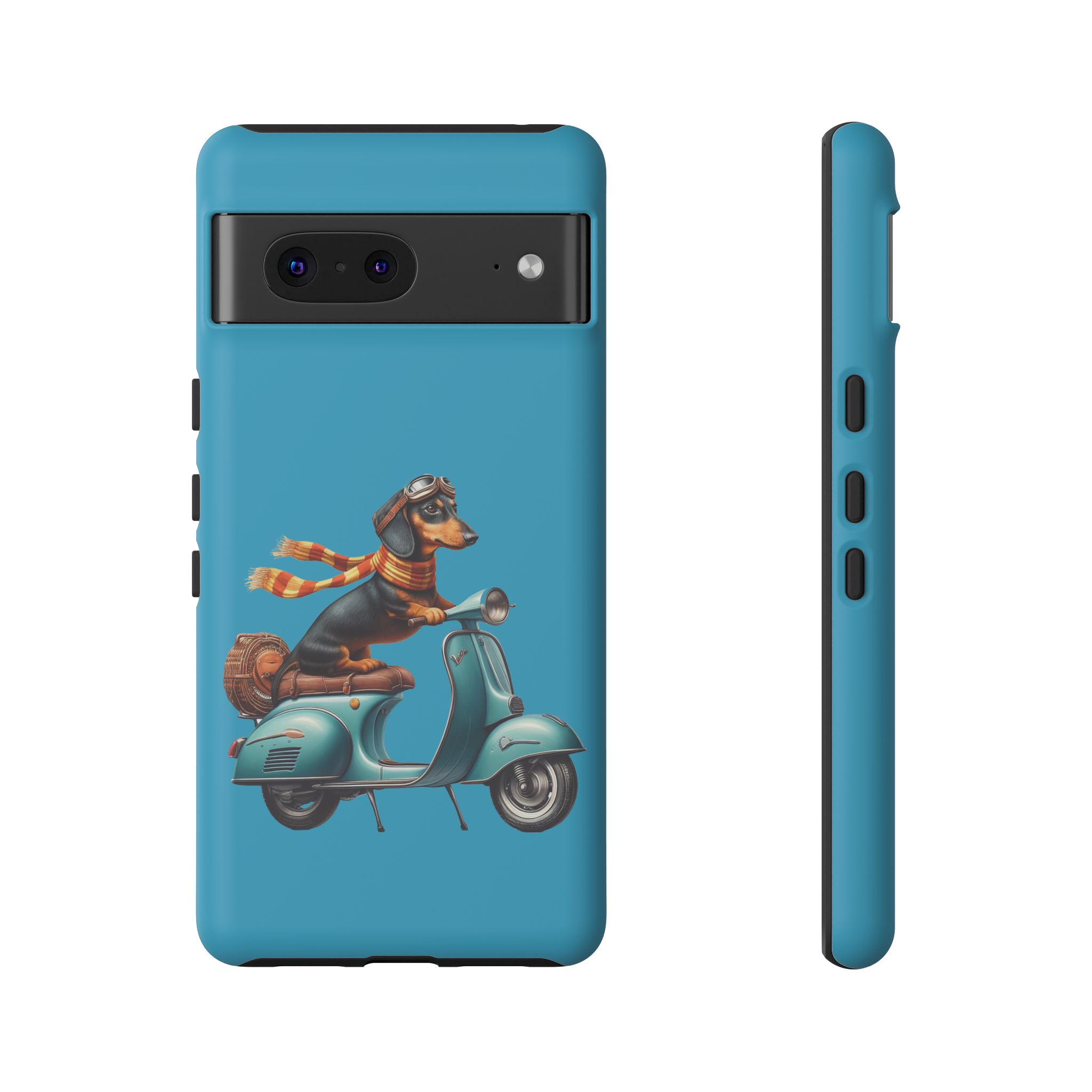 Phone case featuring a dachshund wearing goggles and a scarf riding a vintage scooter.
