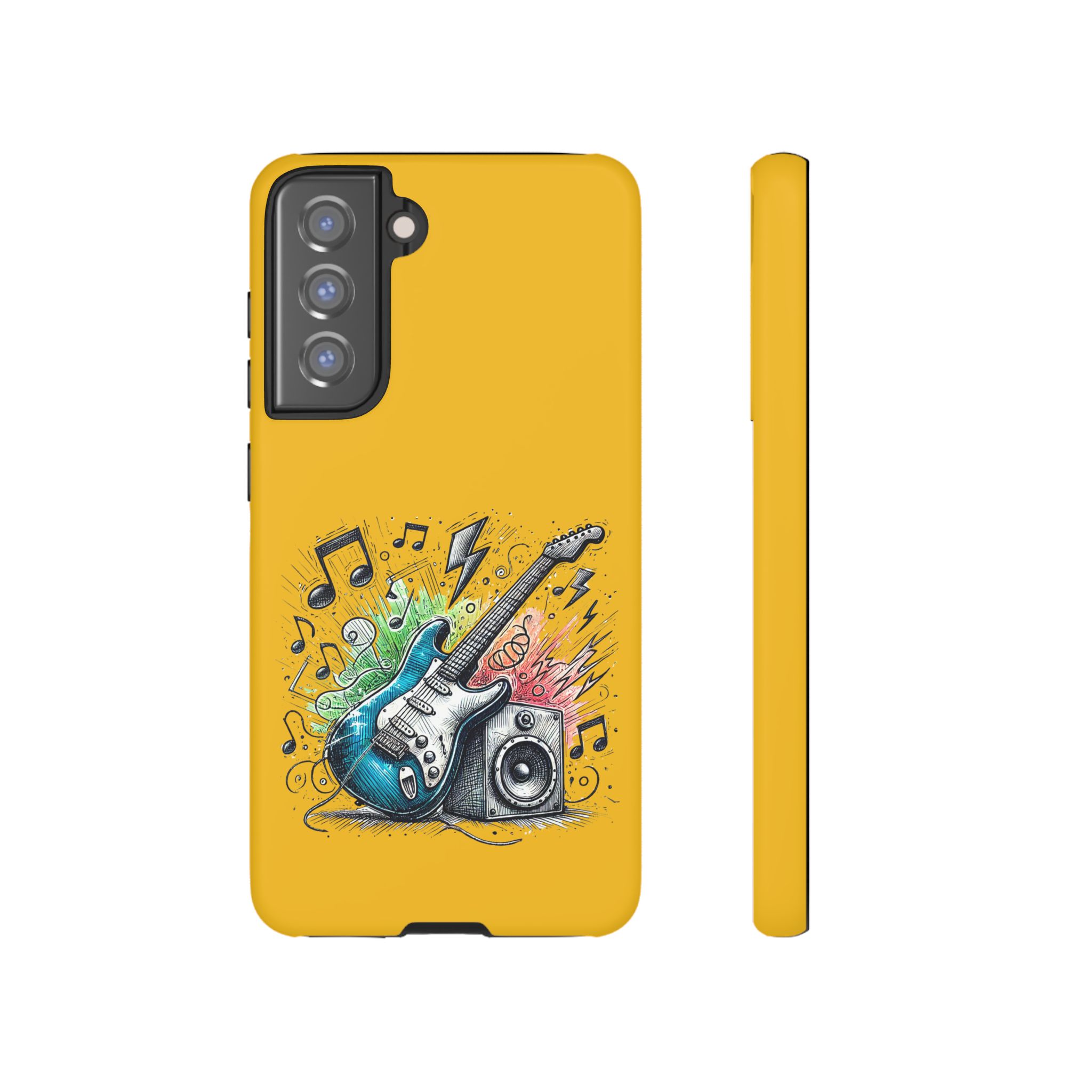 Yellow phone case featuring a blue guitar, speakers, and music notes in a colorful design.