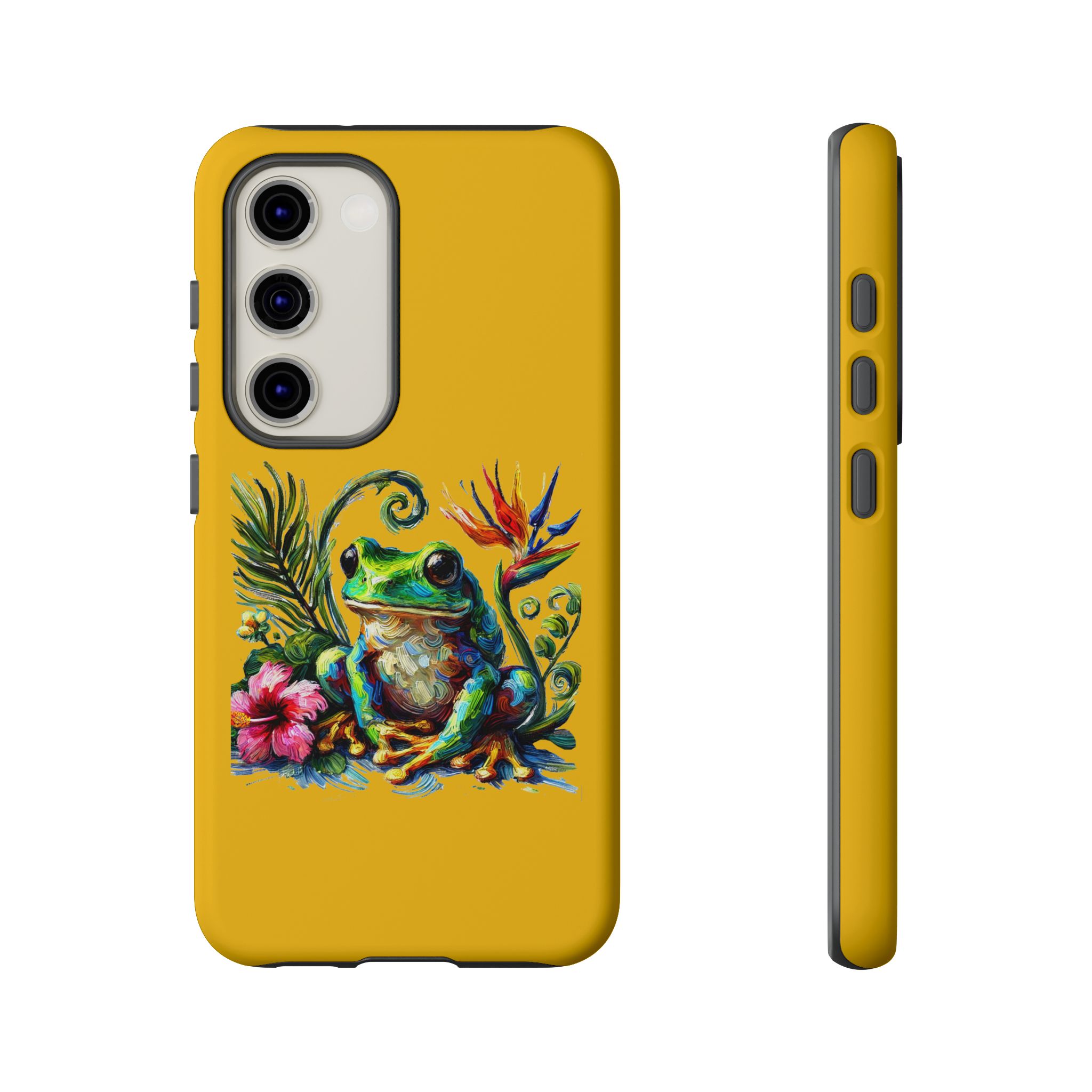 Yellow phone case featuring a colorful frog and floral elements on the back.