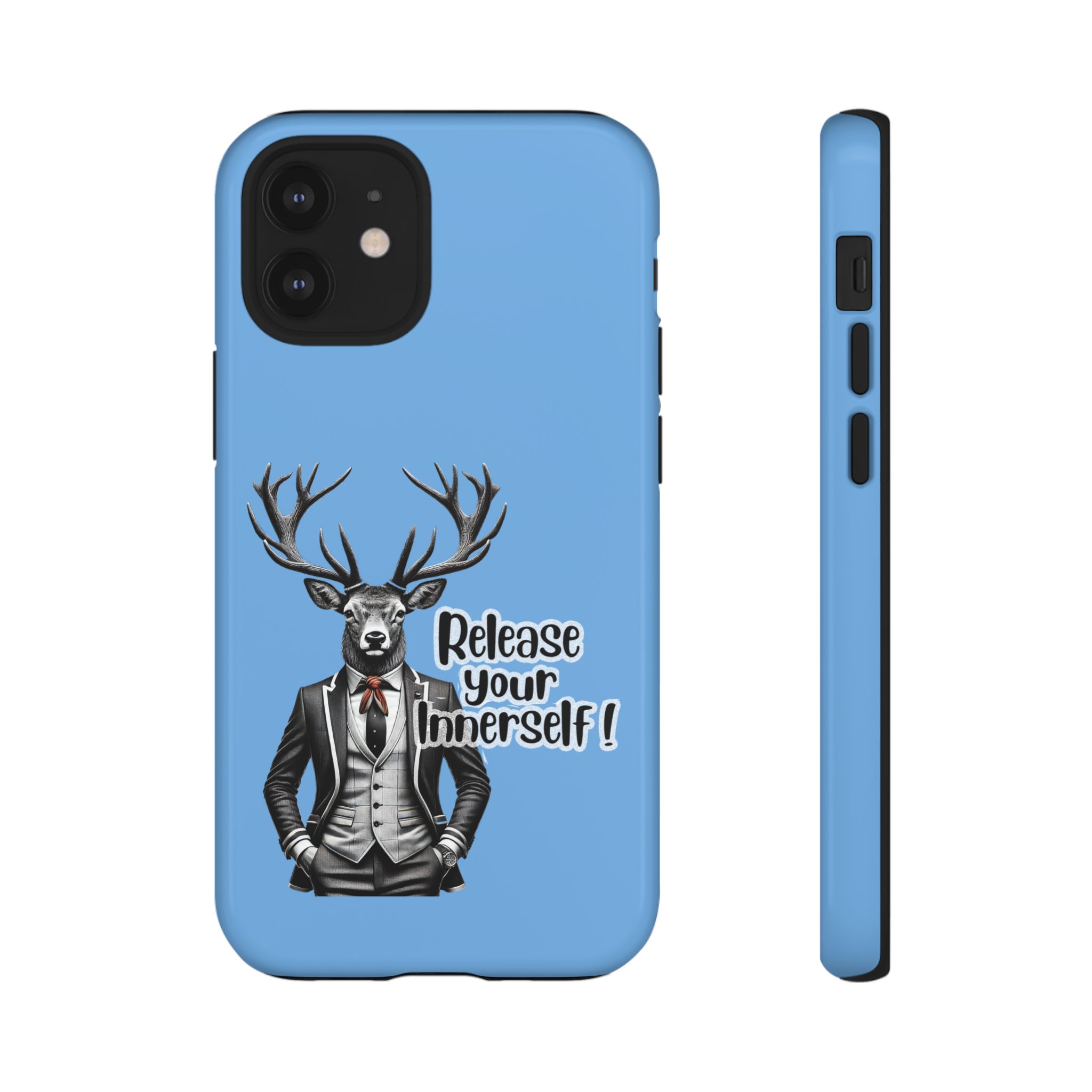 Blue phone case featuring a deer wearing a suit and the text 'Release your Innerself'.