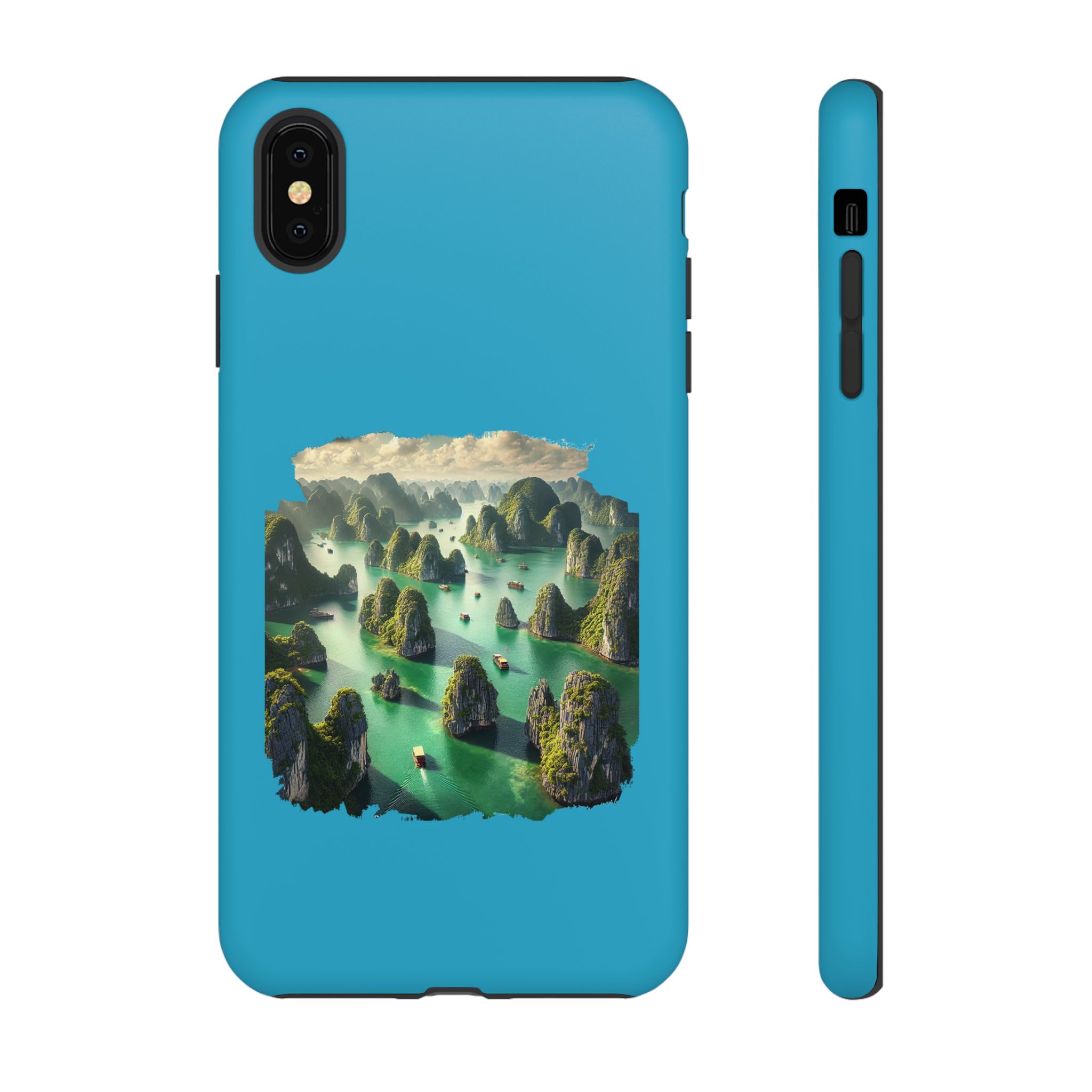 Blue phone case featuring a scenic landscape with islands and boats in a body of water.