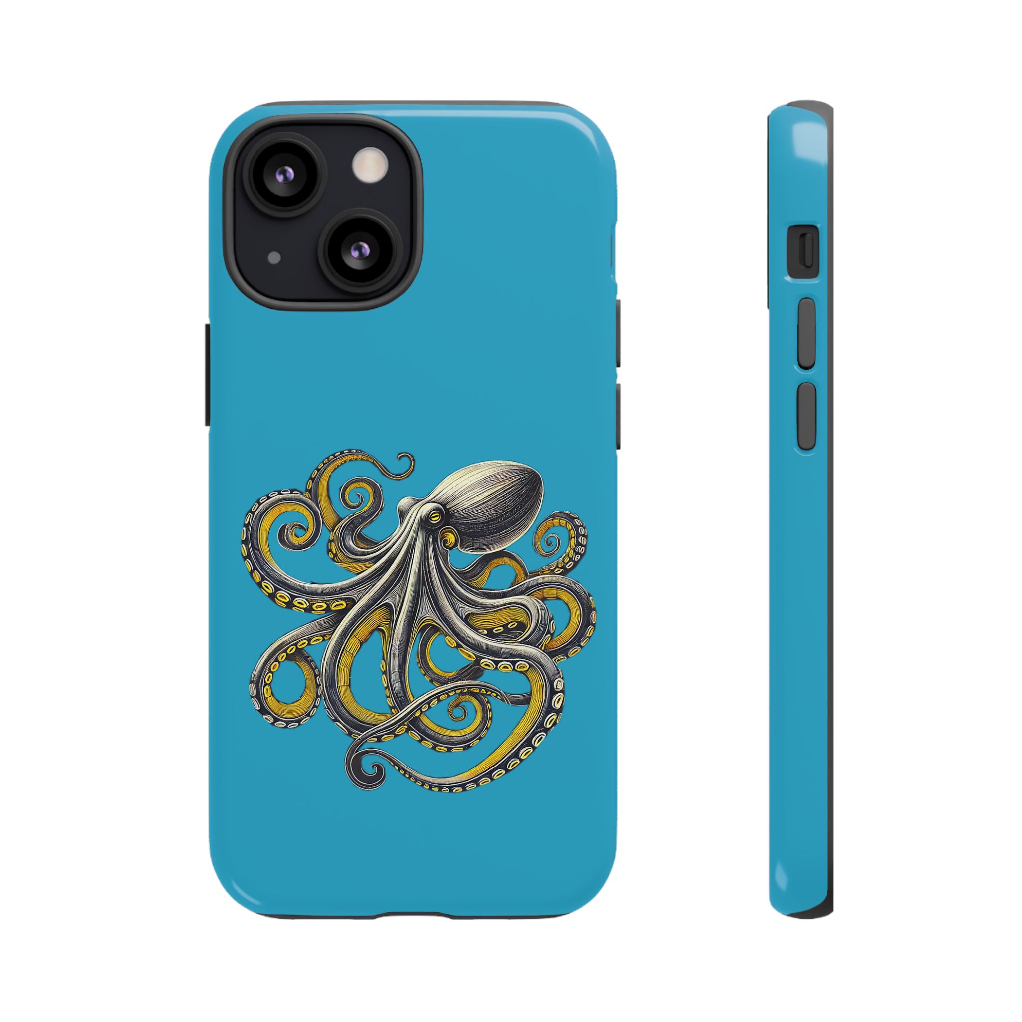 Phone case featuring an illustrated octopus design on a blue background.