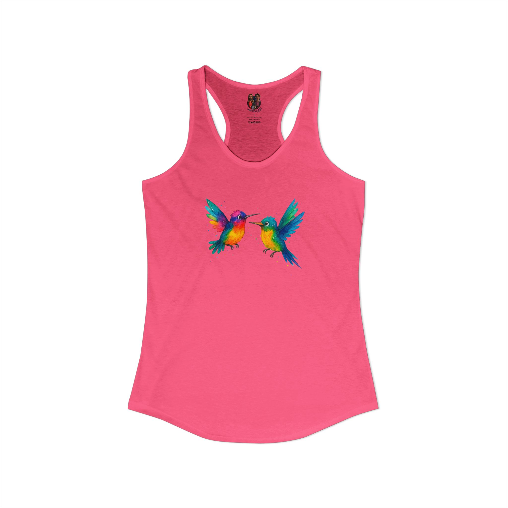 Pink tank top featuring a vibrant design of two colorful hummingbirds in flight.