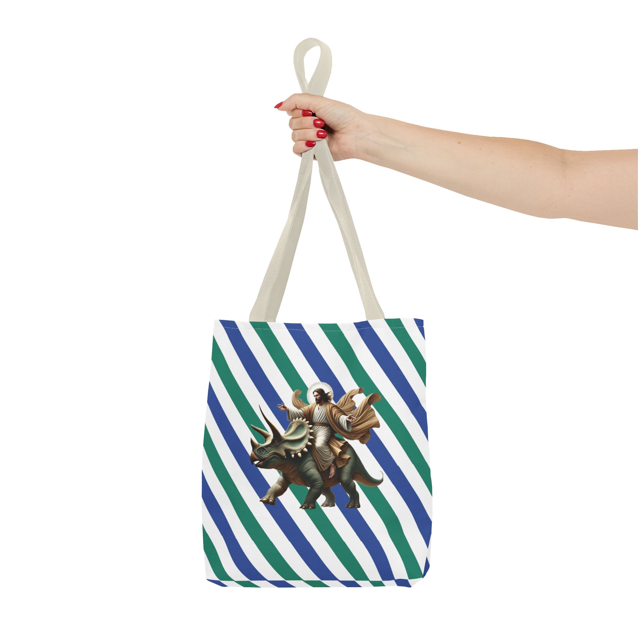 Fun canvas tote bag jurassic boho tote bag Jesus riding triceratops shoulder bag satiric purse religious design sarcastic cute tote bag – Image 20
