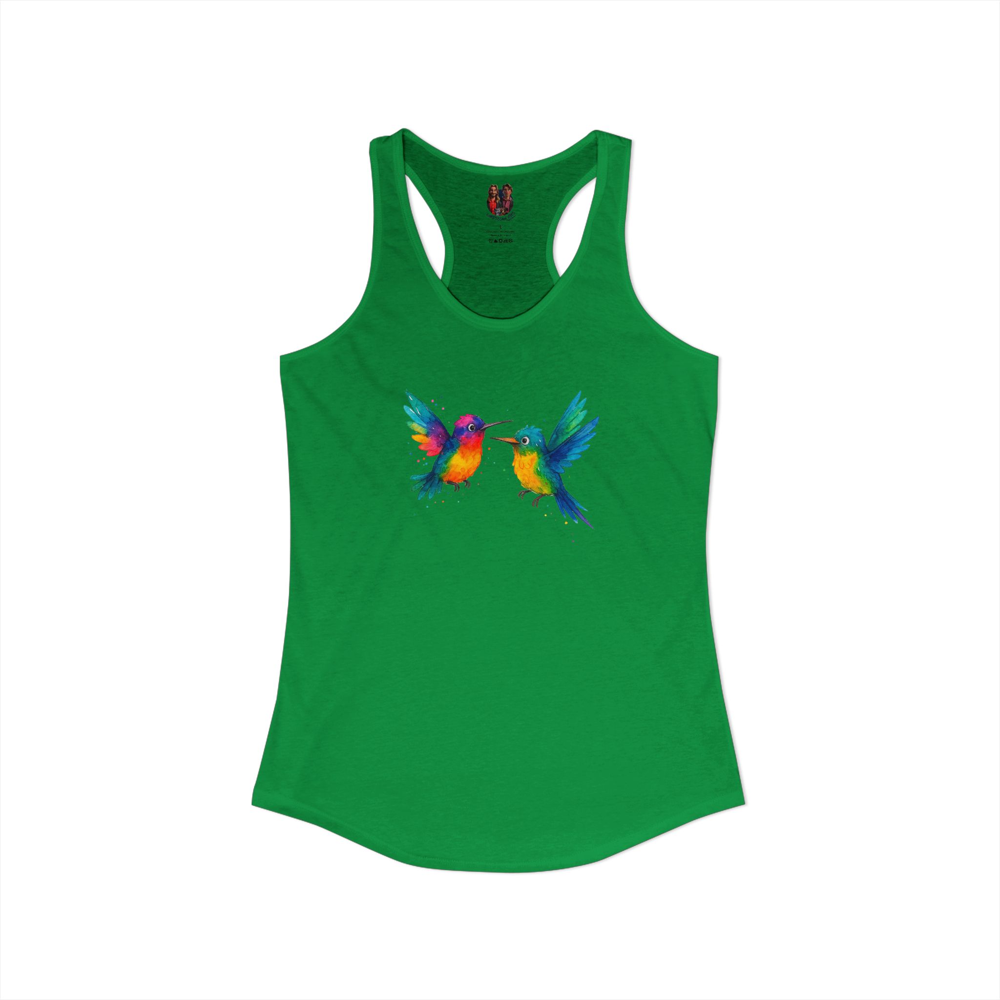 Green tank top featuring colorful hummingbird illustrations on the front.