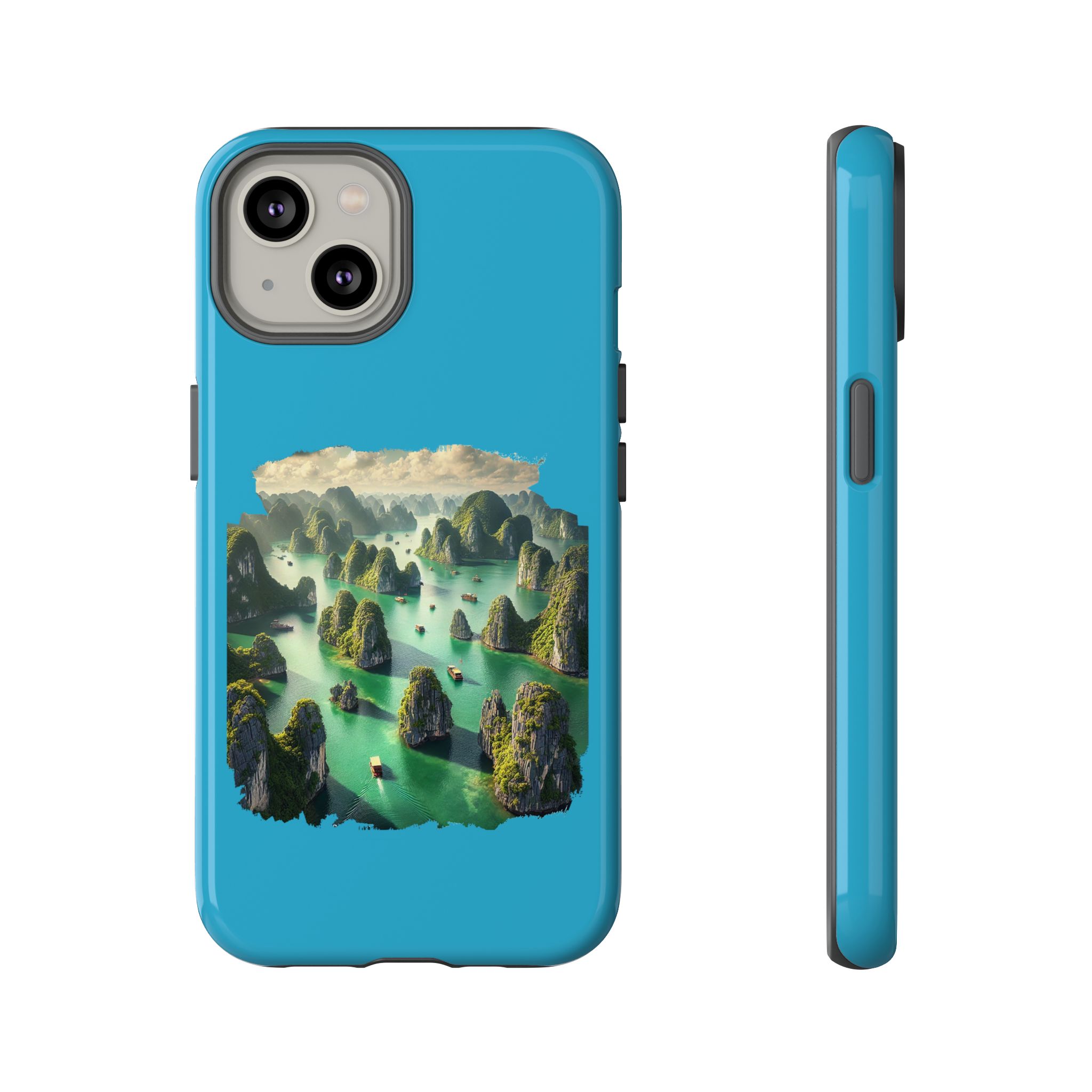 Phone case featuring a landscape design with green islands and boats on a blue background.