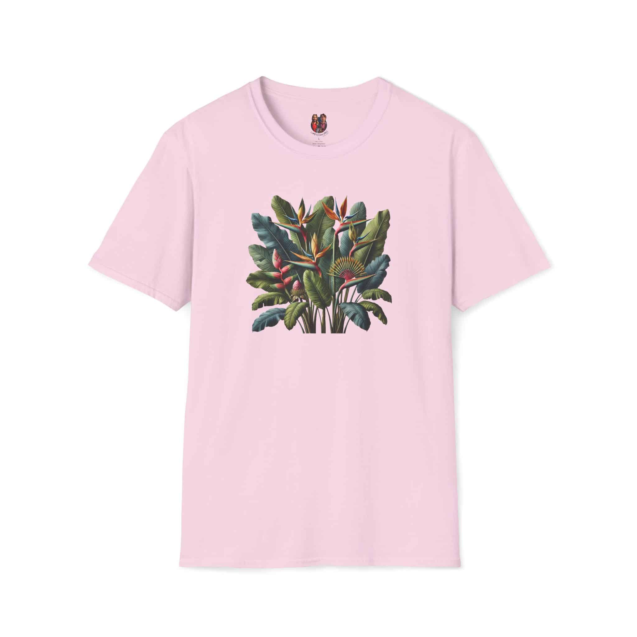 Pink t-shirt featuring a botanical print with green leaves and flowers on the front.