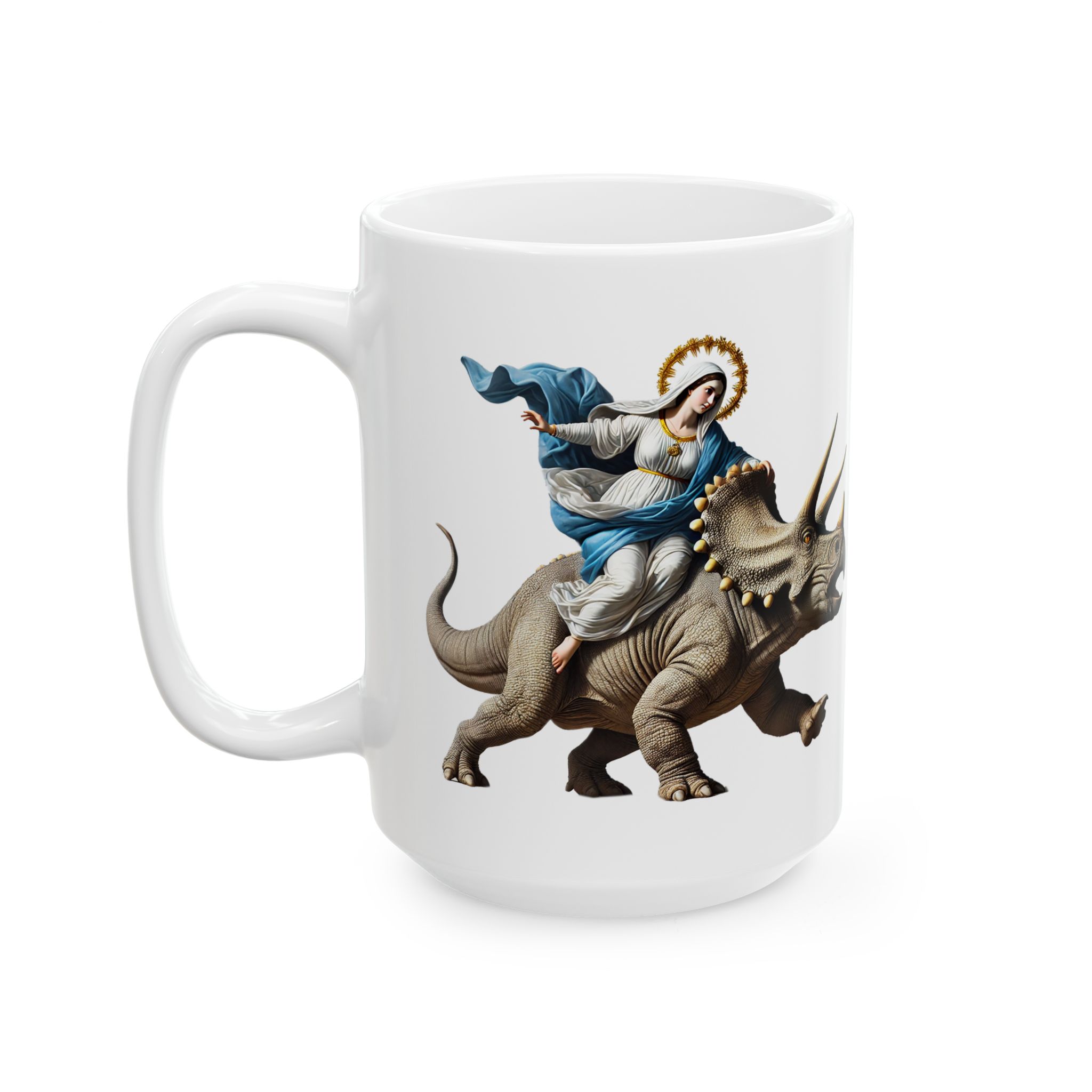 Sarcastic Coffee mug jurassic Virgin mary riding triceratops funny office mug boho gift tea cup cute accessory - Image 5