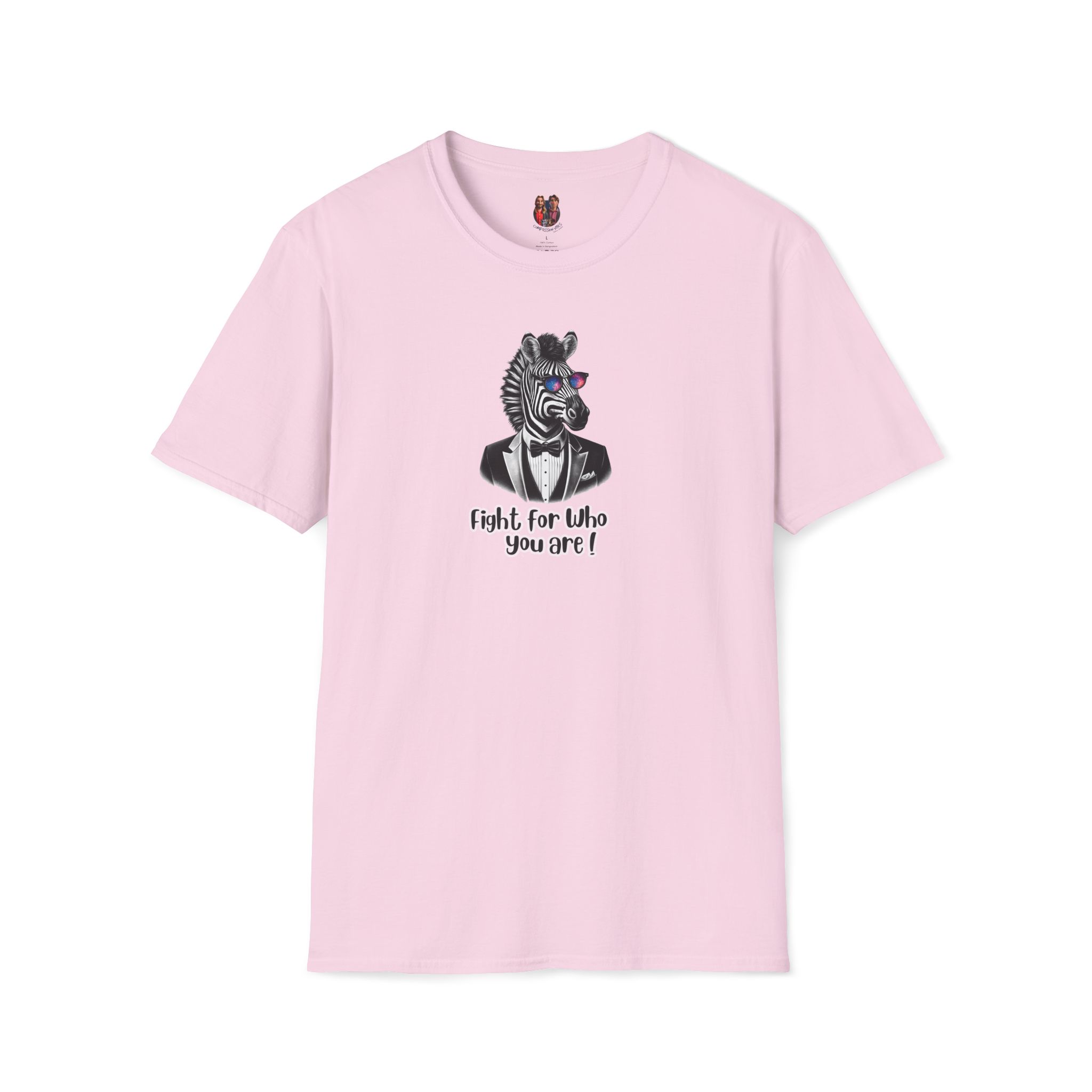 Pink t-shirt featuring a zebra graphic wearing a suit and the text 'Fight for Who you are!'
