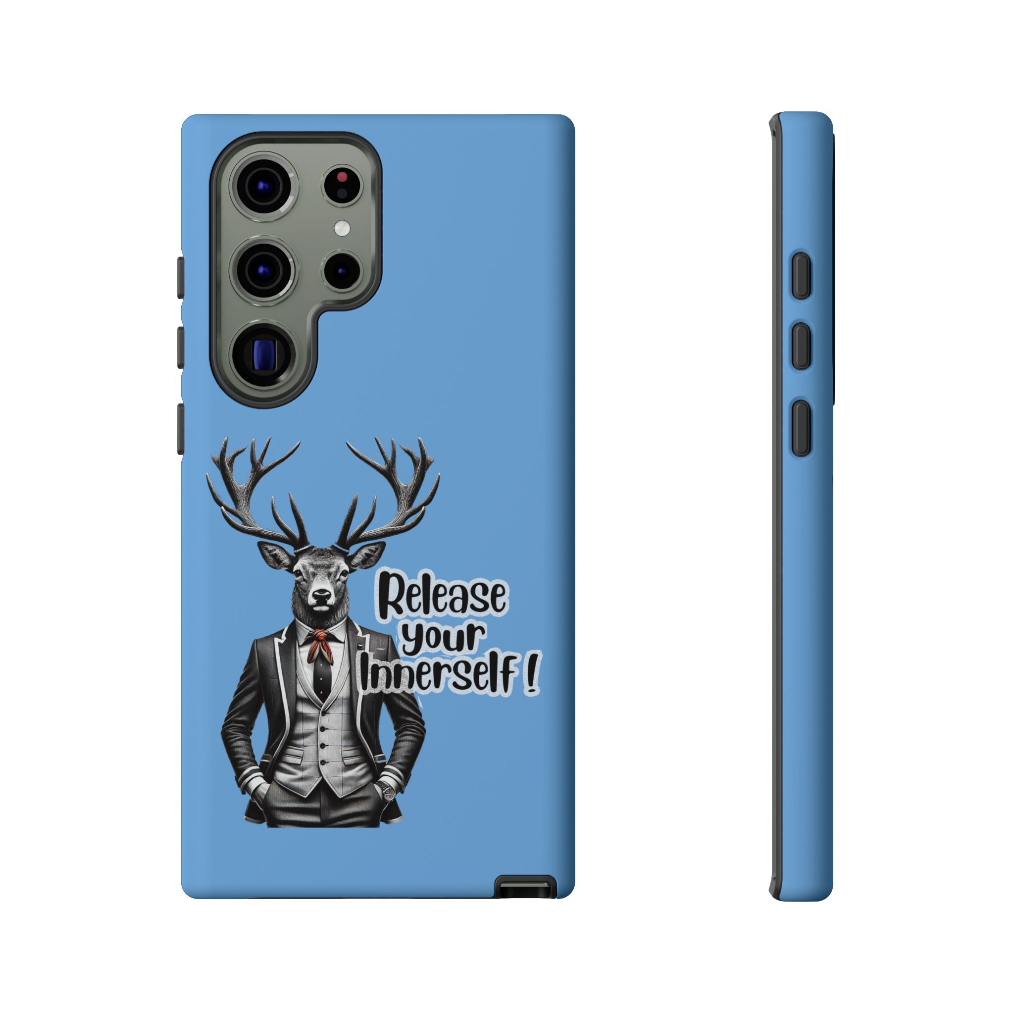 Blue phone case featuring a deer in a suit with the text 'Release your Innerself'.