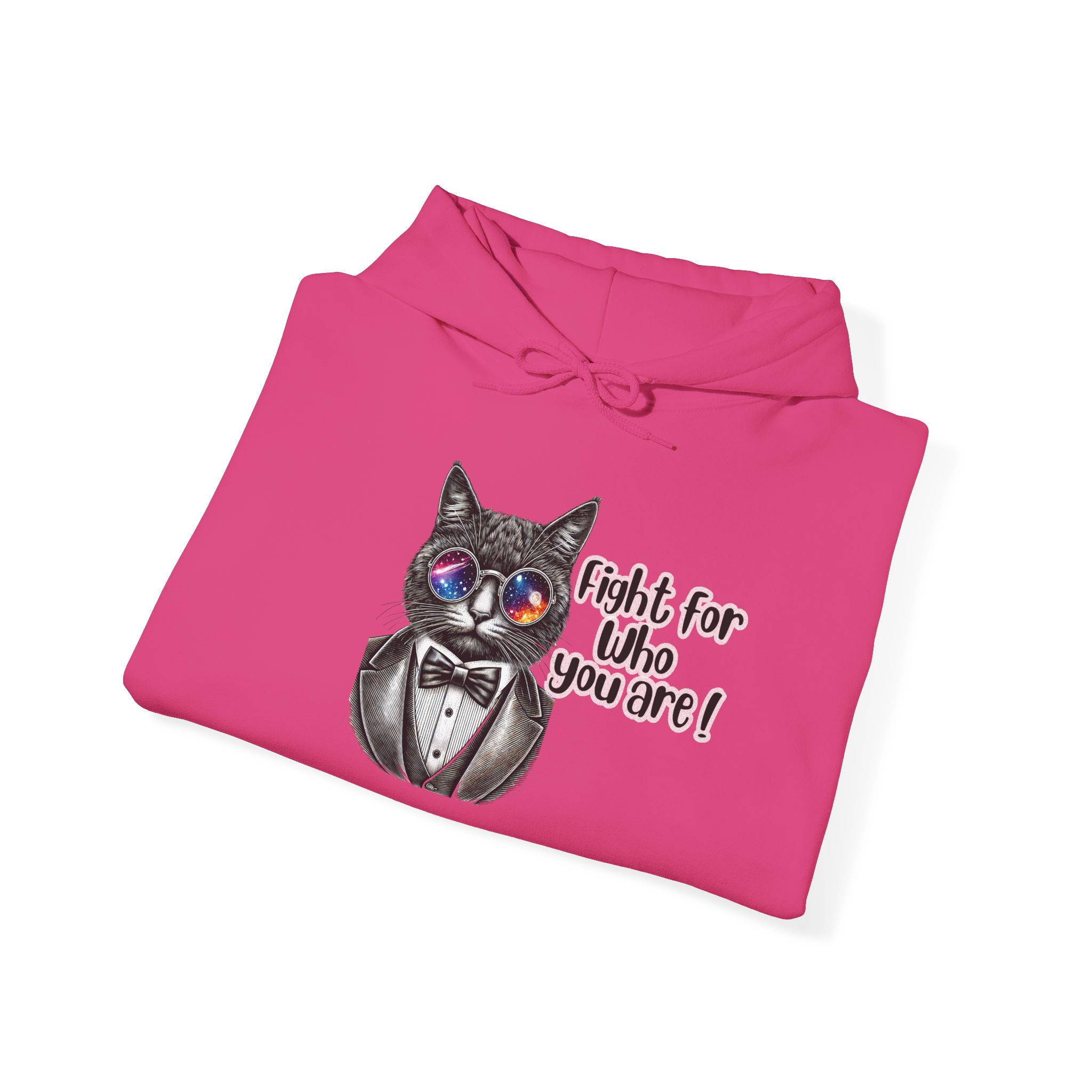 Pink hoodie featuring a cat in a tuxedo with sunglasses and the text 'Fight for who you are!'