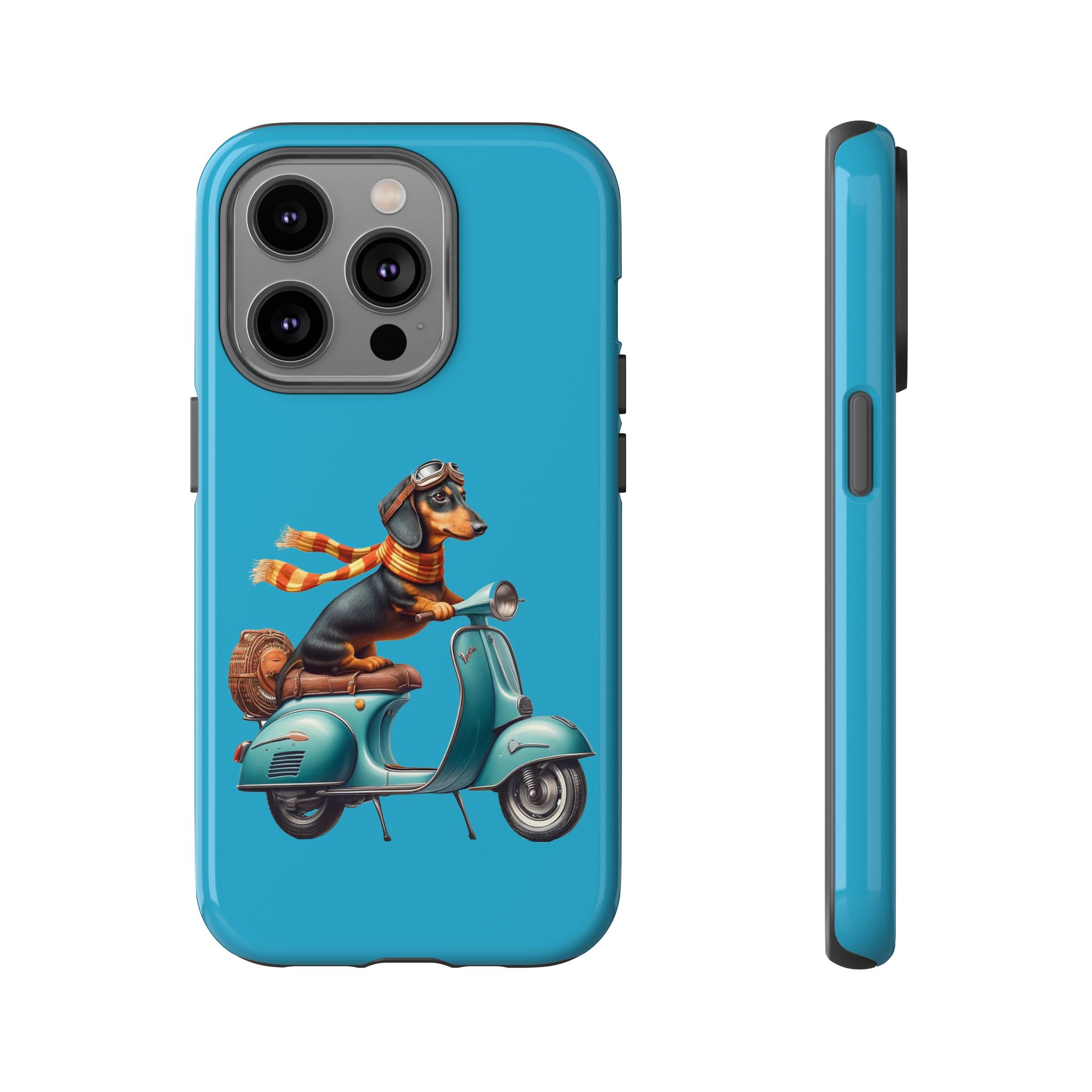 A phone case featuring a dachshund wearing goggles and a scarf, riding a vintage scooter.