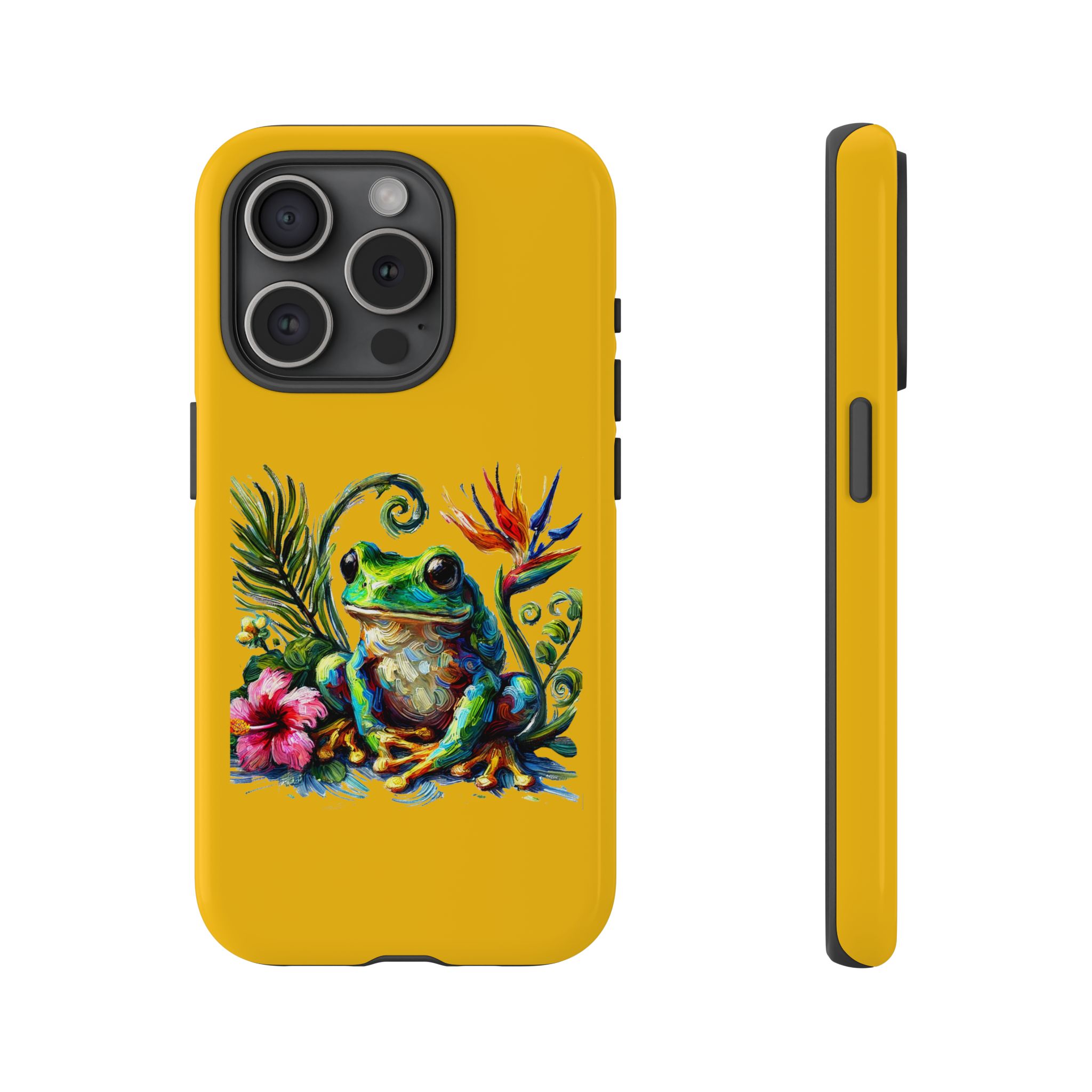 A vibrant yellow phone case featuring a colorful frog design surrounded by tropical plants and flowers.