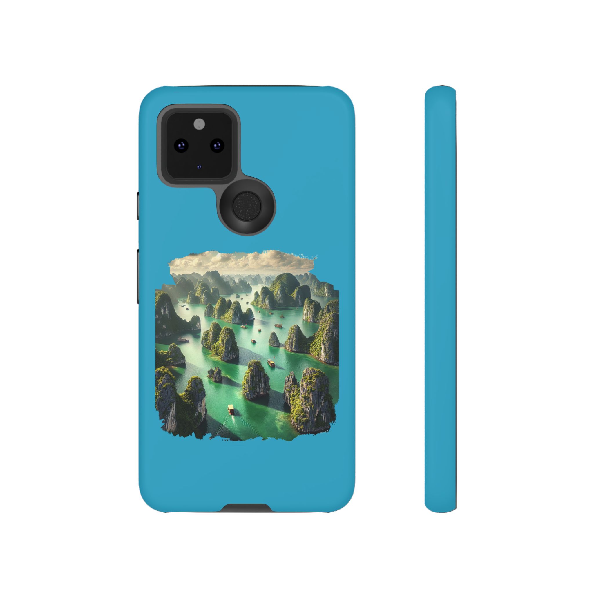 Blue phone case featuring a scenic landscape with rocky islands and water.