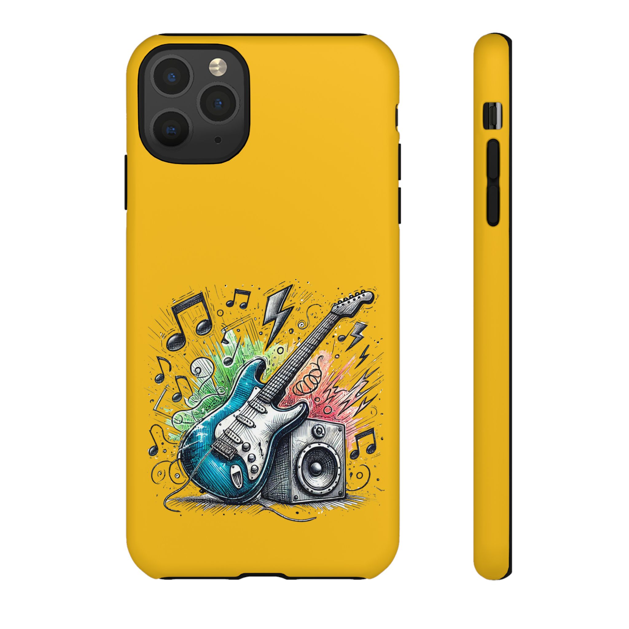 Phone case design featuring a blue electric guitar and a speaker with musical notes and colorful elements.