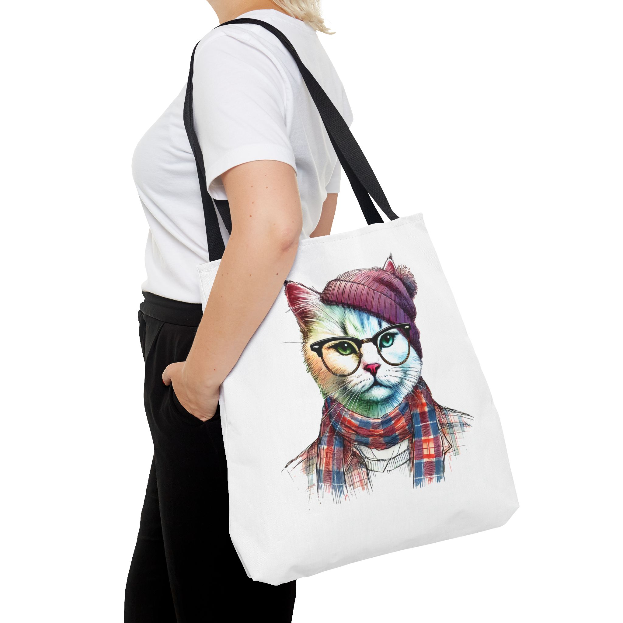 Cat hipster canvas tote bag pet lovers funny cute tote bag Hipster design handbag kitten design – Image 6