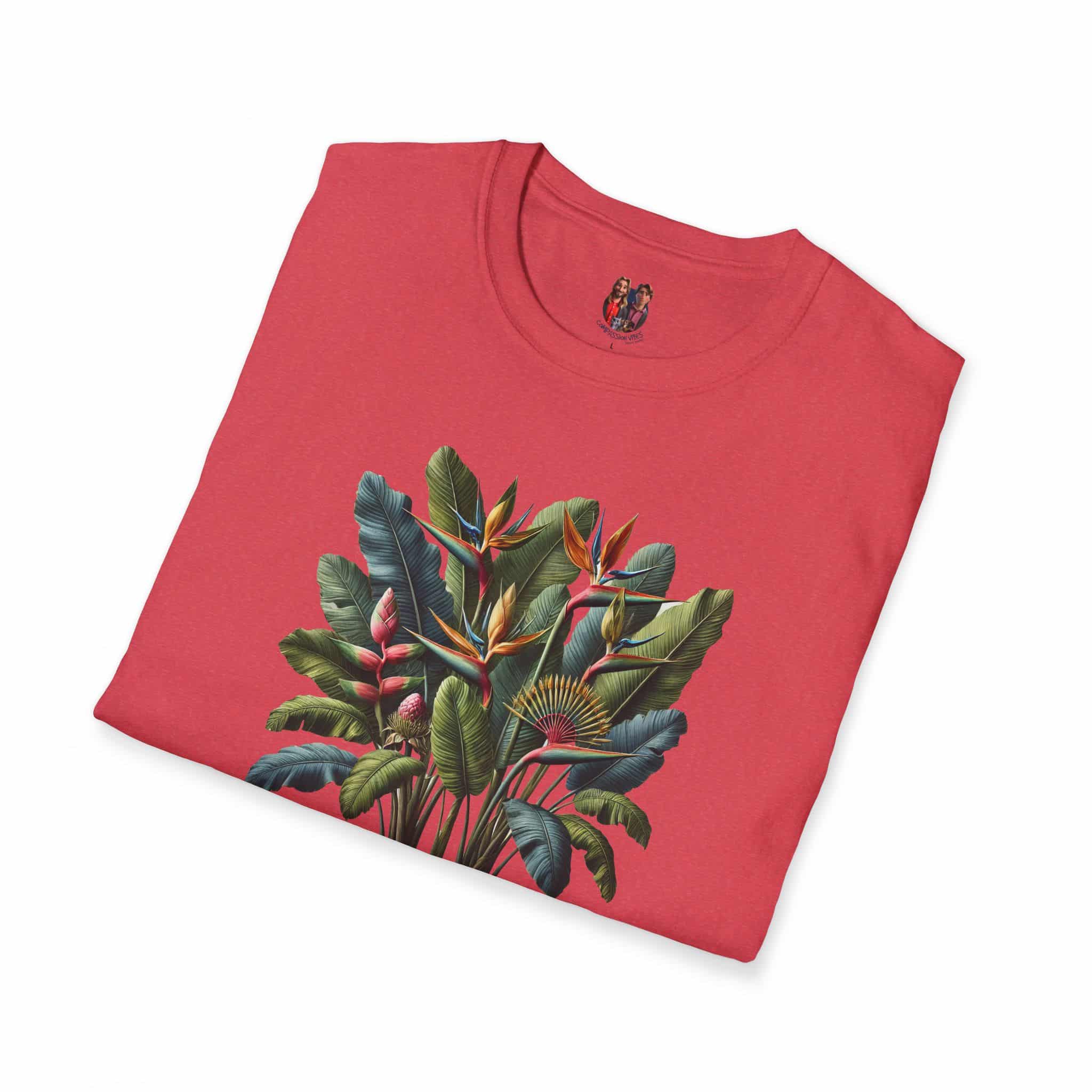 Red T-shirt featuring a detailed tropical plant design with various leaves and flowers.