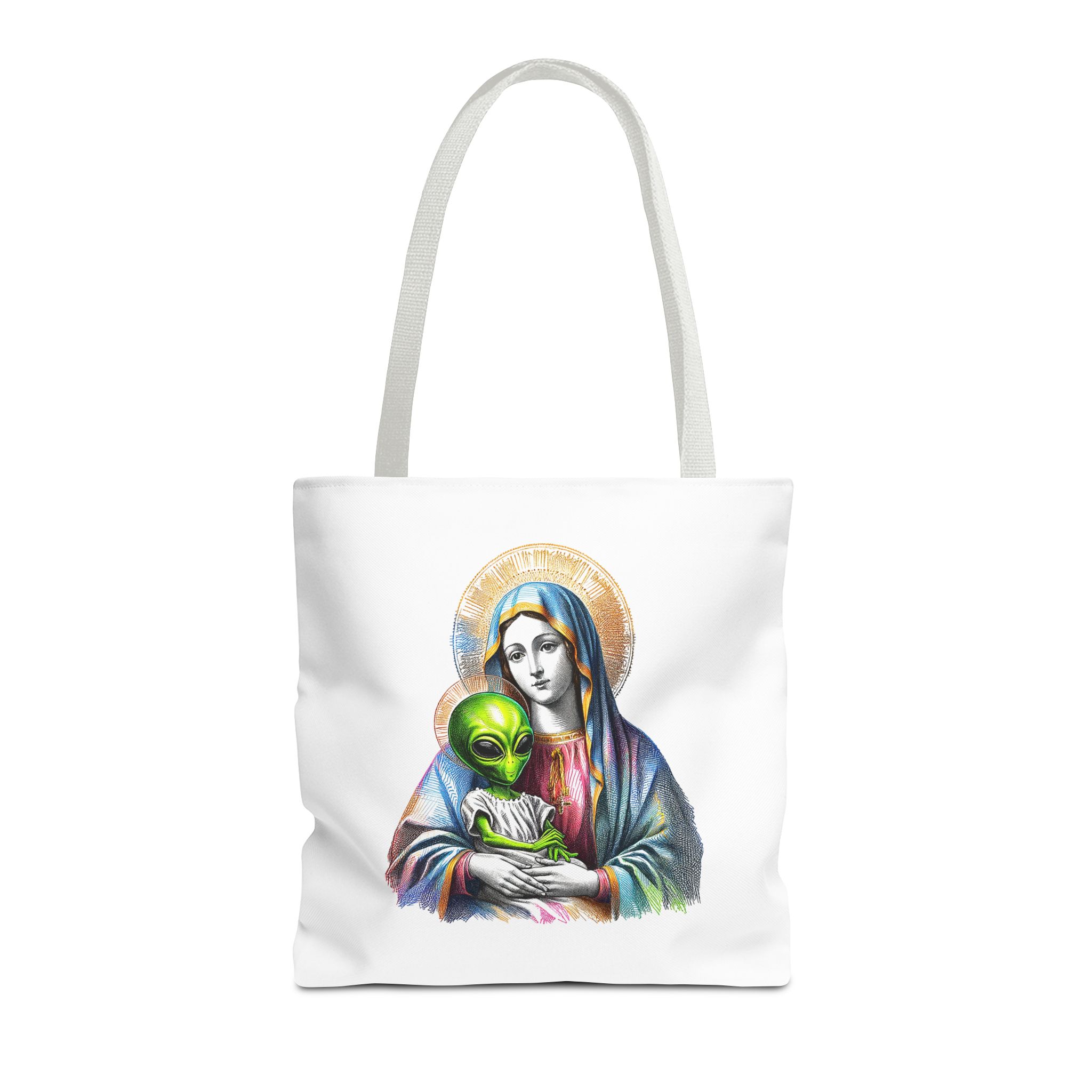Satiric cute tote bag Boho shoulder bag Alien virgin mary retro shoulder bag fun gift religious design purse unique handbag – Image 15