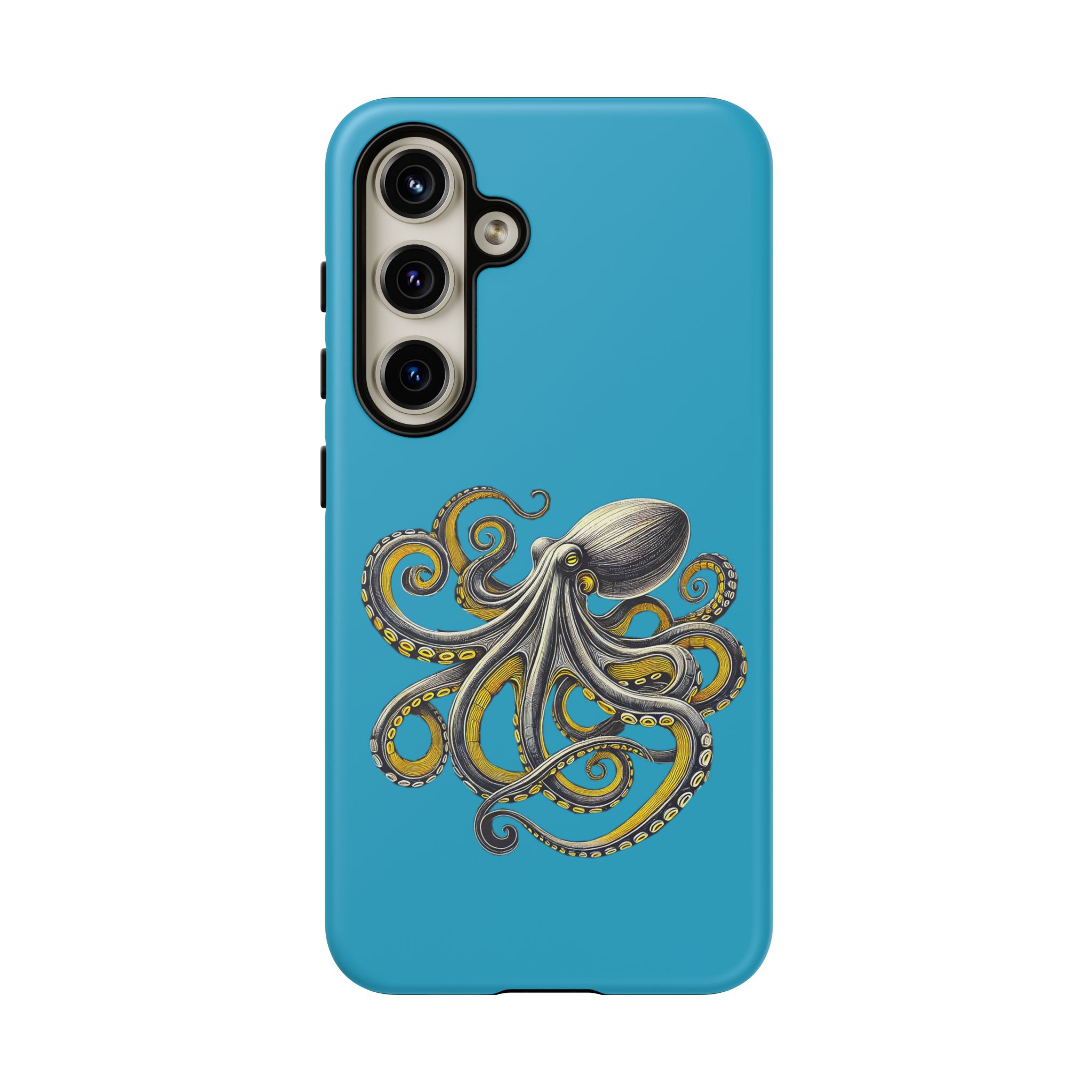 Phone case with a blue background featuring an illustrated octopus design.