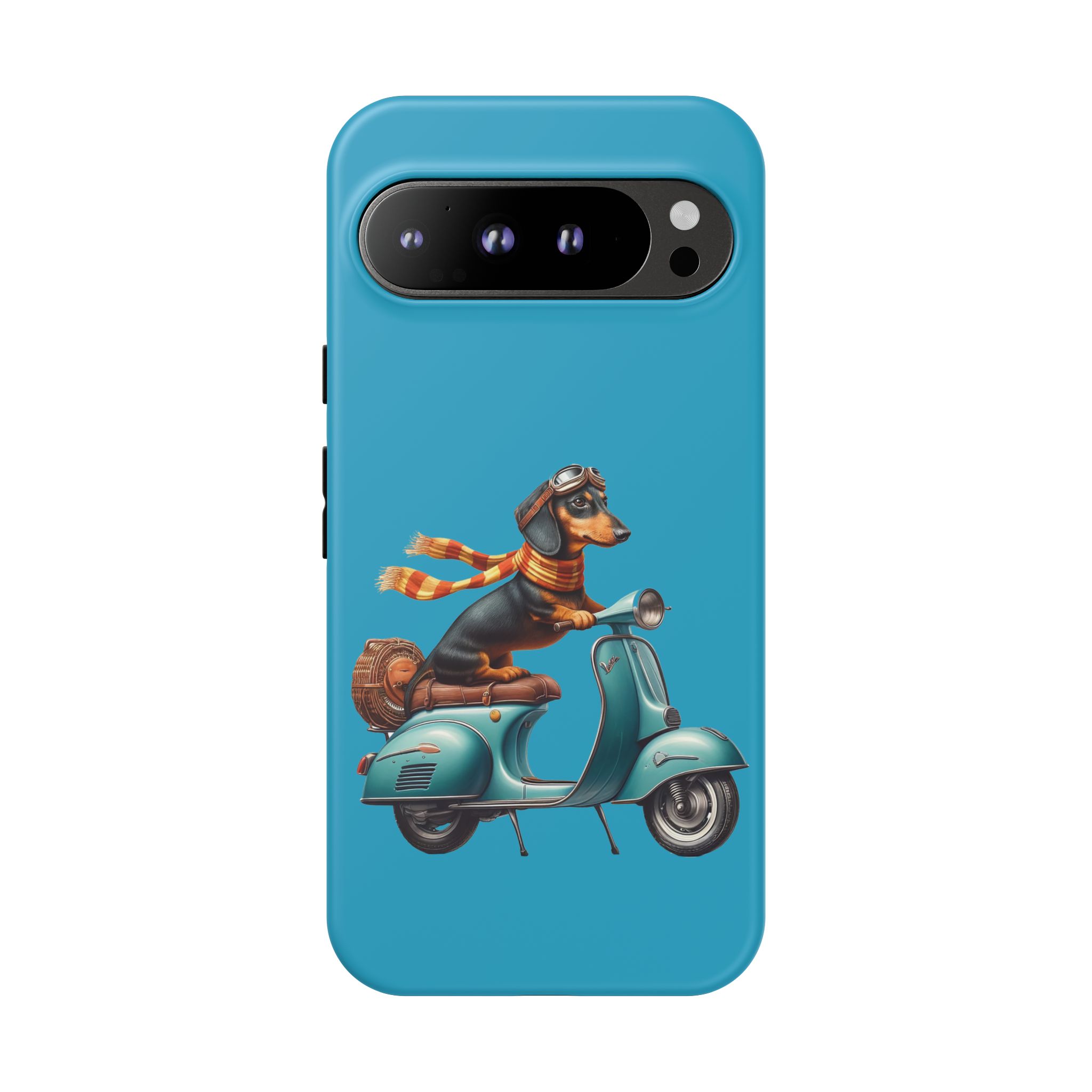 A phone case featuring a dachshund wearing goggles and a scarf riding a vintage scooter.