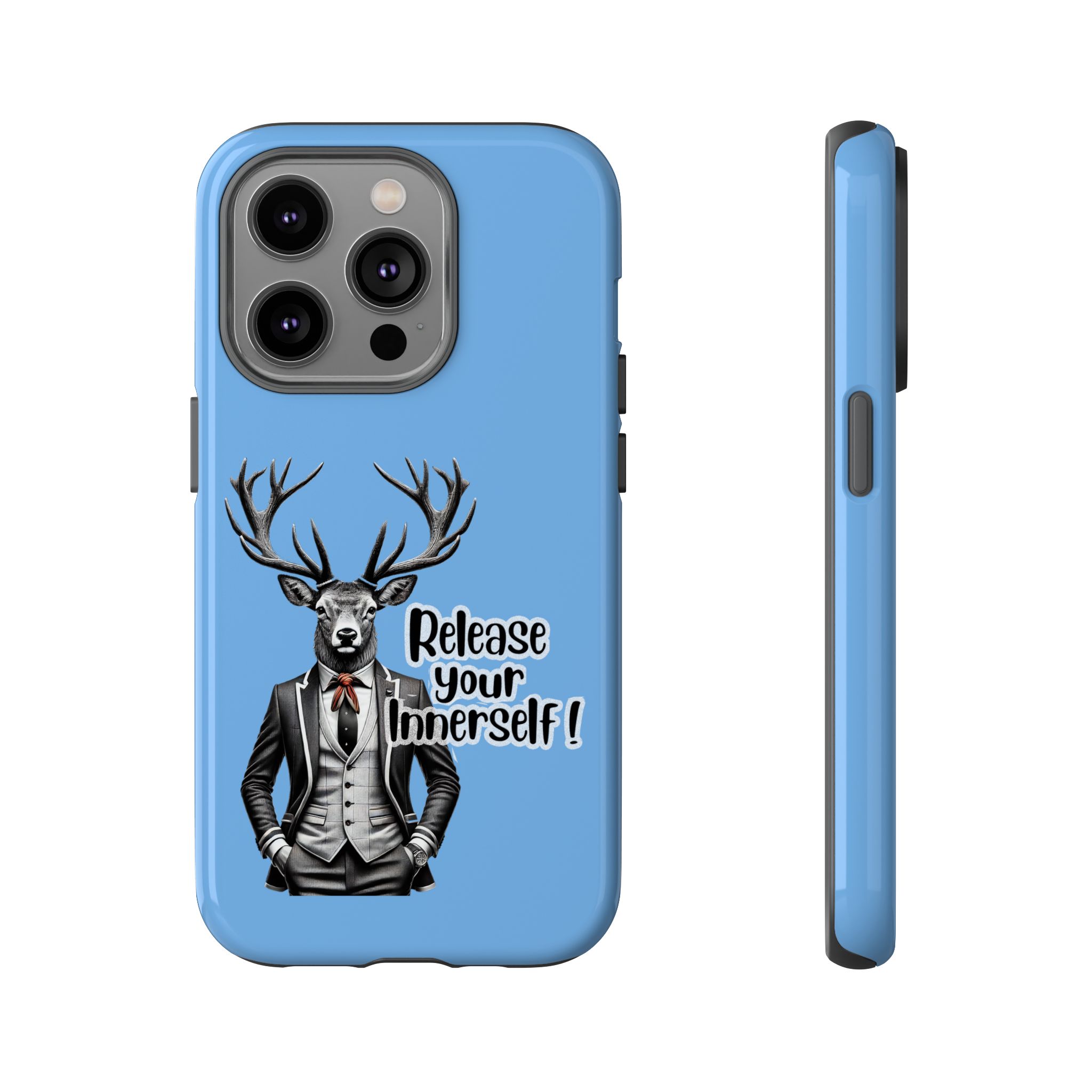 Blue phone case featuring a deer in a tuxedo with the text 'Release your Innerself'.