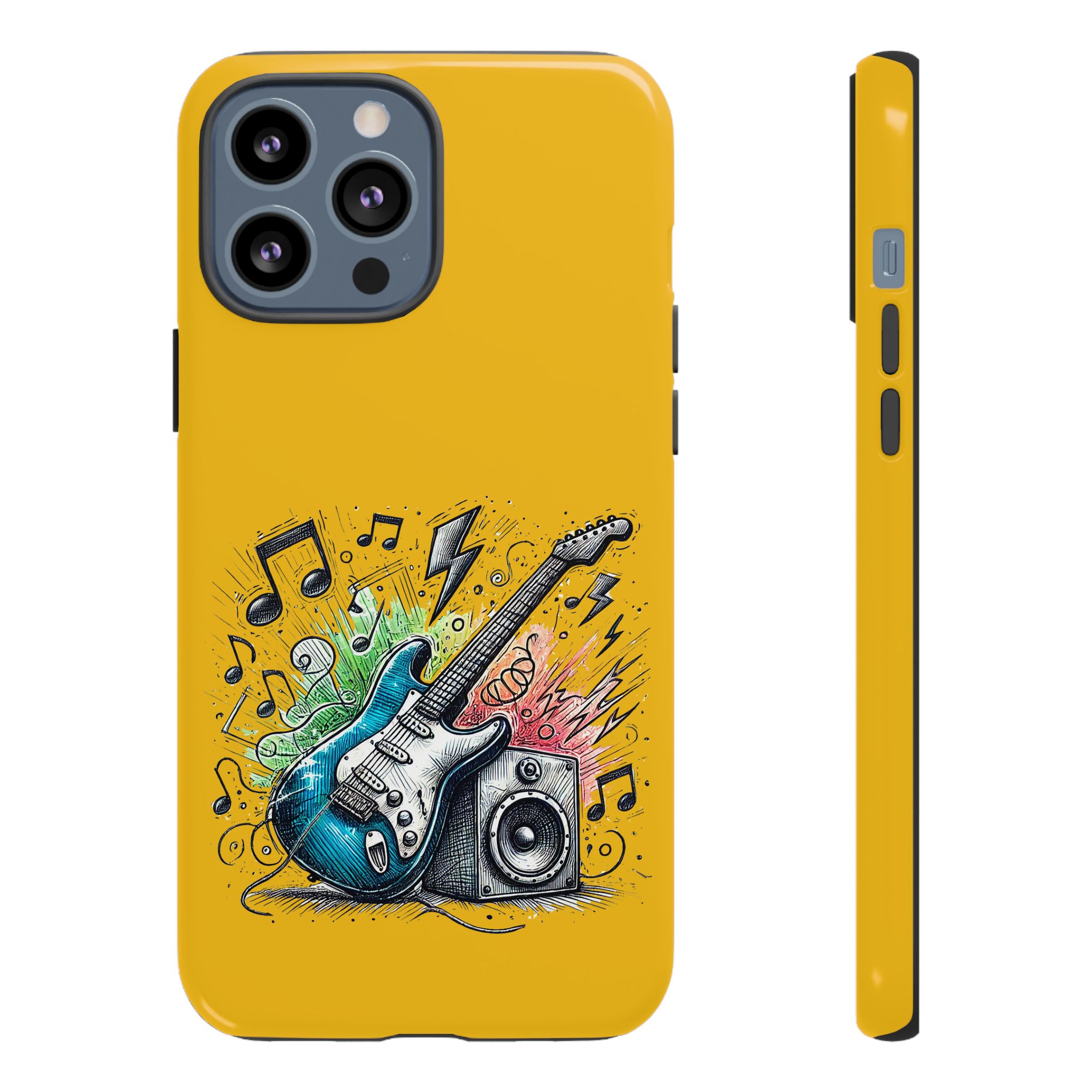 Yellow phone case featuring a blue electric guitar, speaker, and music notes in a colorful design.