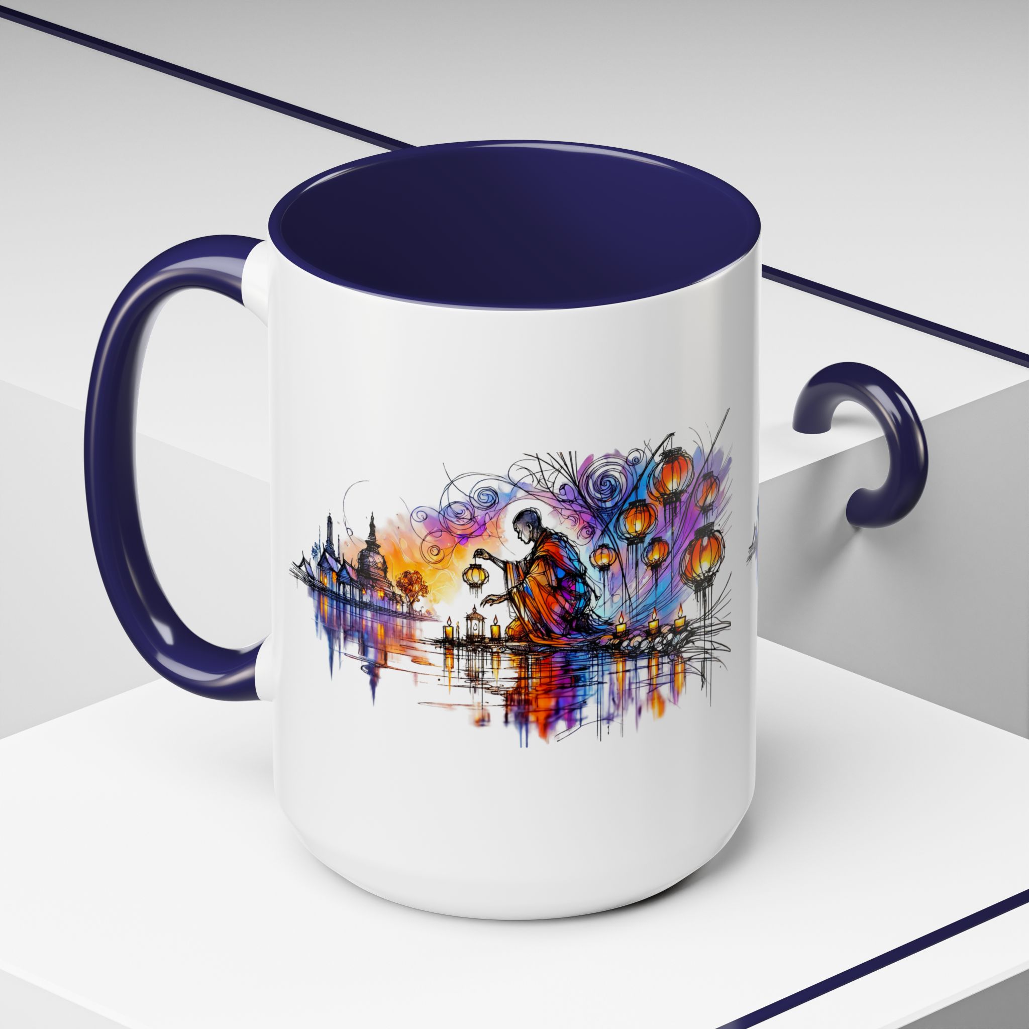 Artistic mug featuring a colorful design with a blue handle and interior.