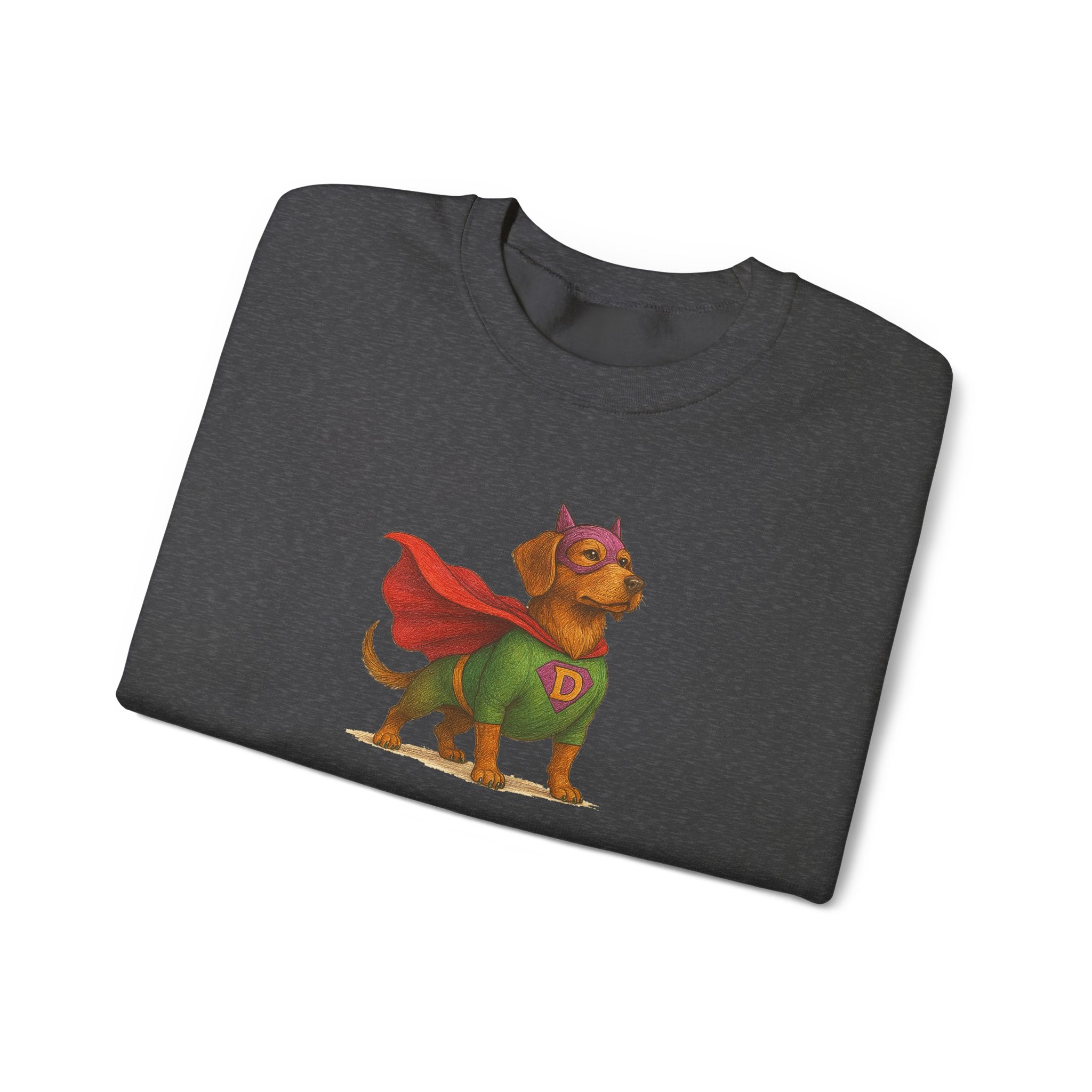 T-shirt featuring a dog dressed as a superhero with a green outfit and red cape.