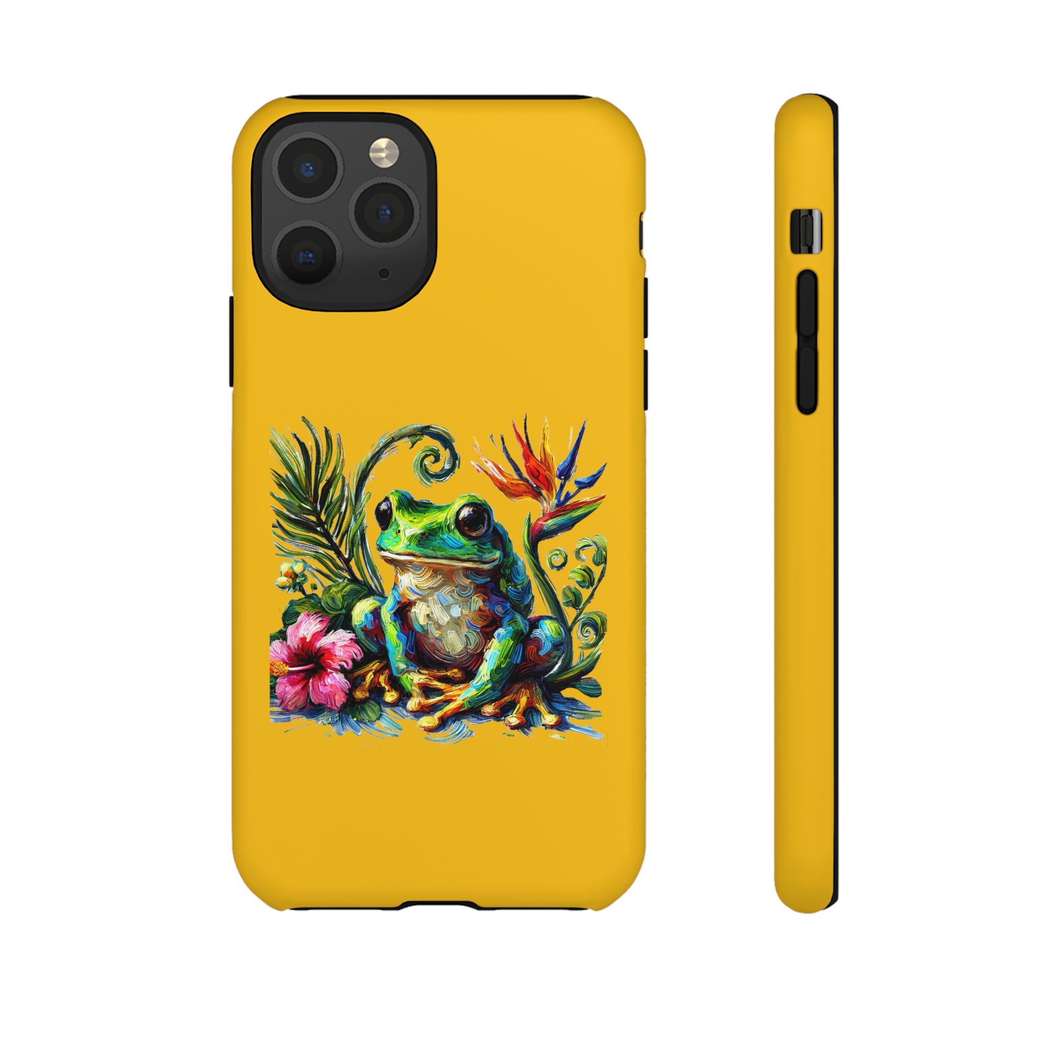 Yellow phone case with a colorful frog design surrounded by tropical plants and flowers.