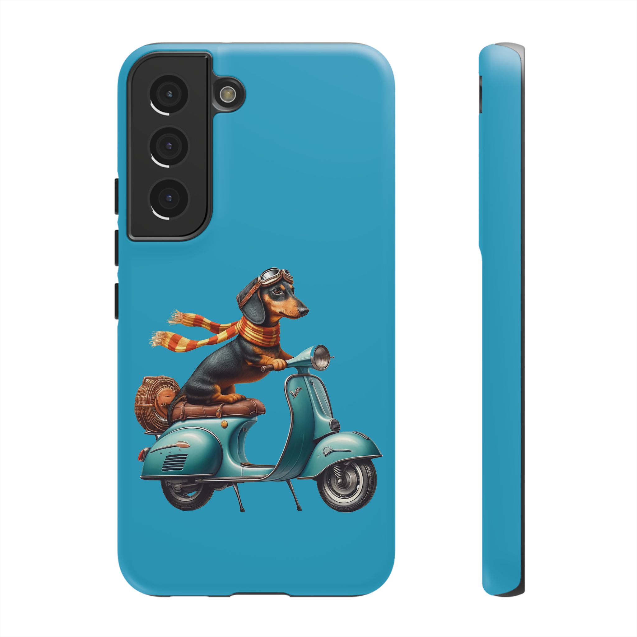Dachshund wearing goggles and a scarf riding a vintage scooter on a blue phone case.