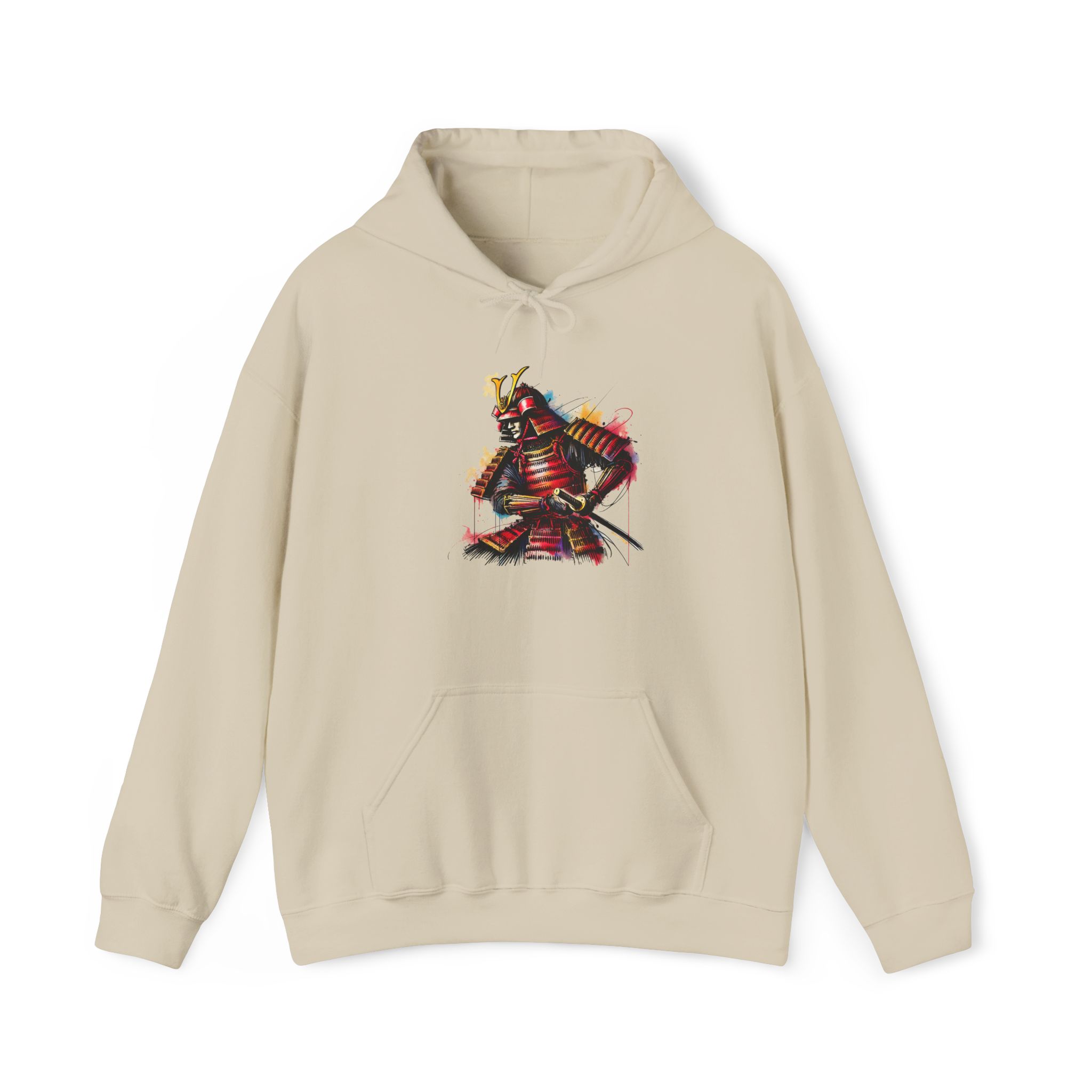 Beige hoodie featuring a colorful samurai graphic design on the front.