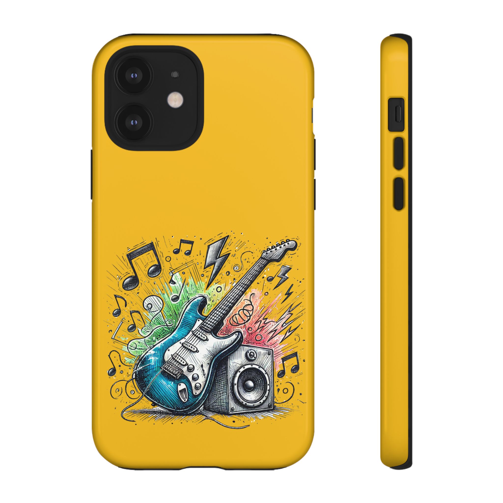 Phone case design featuring a blue electric guitar and a speaker with musical notes on a yellow background.