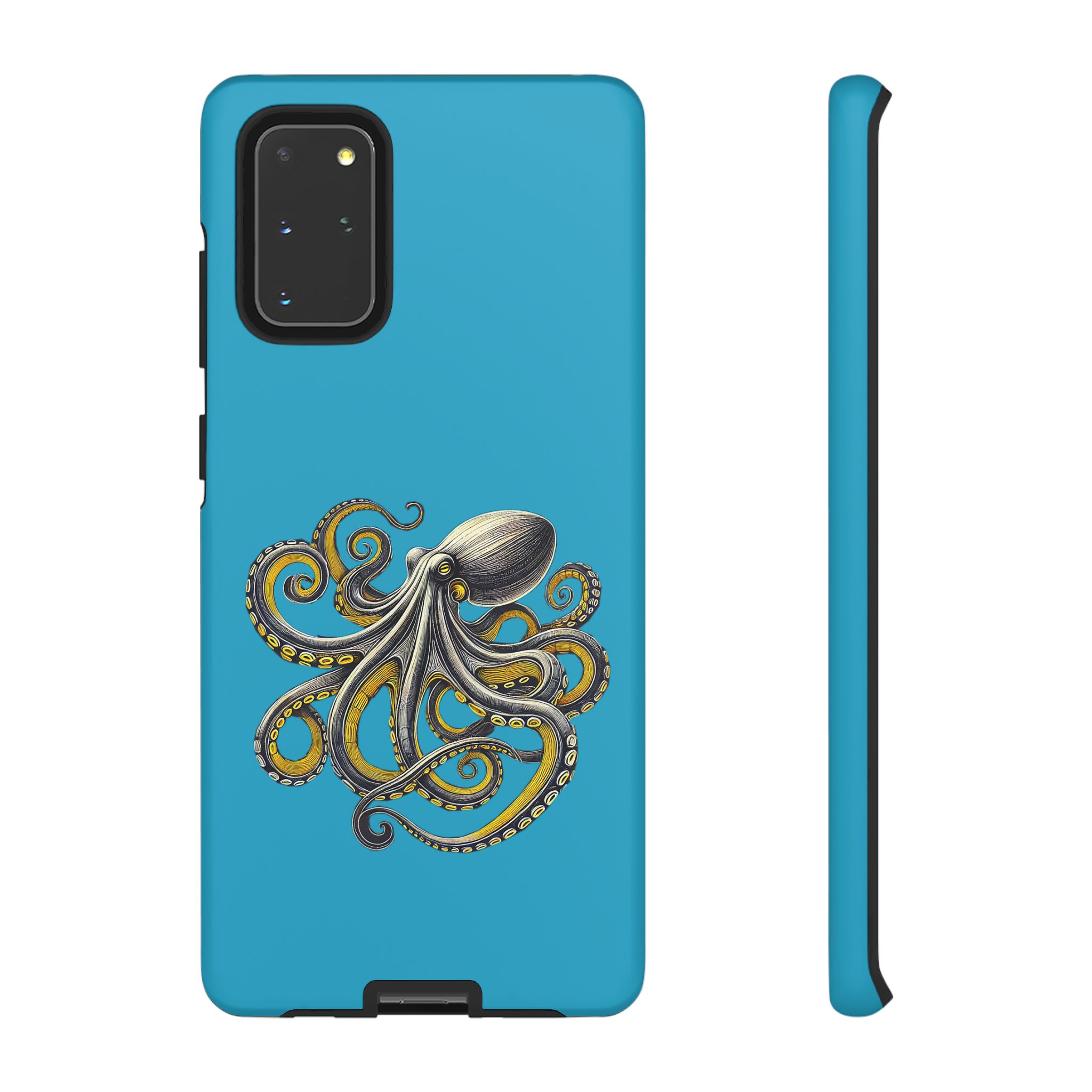 Phone case featuring an octopus design on a blue background with detailed illustration.