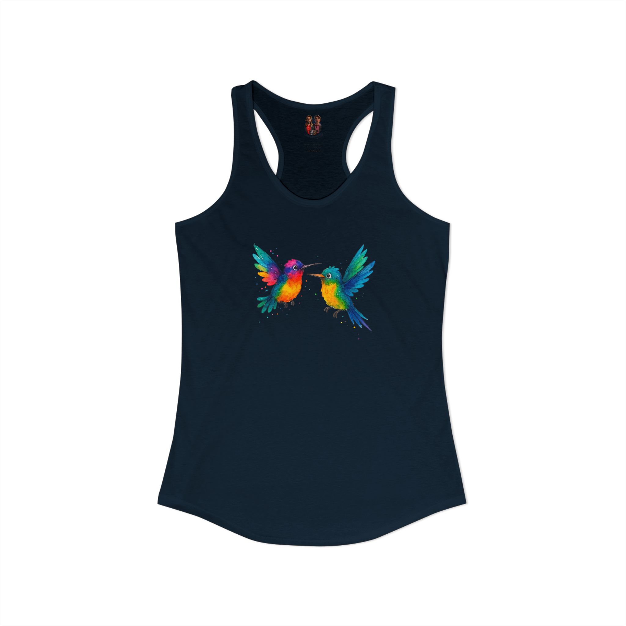 Tank top featuring a colorful graphic of two hummingbirds facing each other on a dark background.