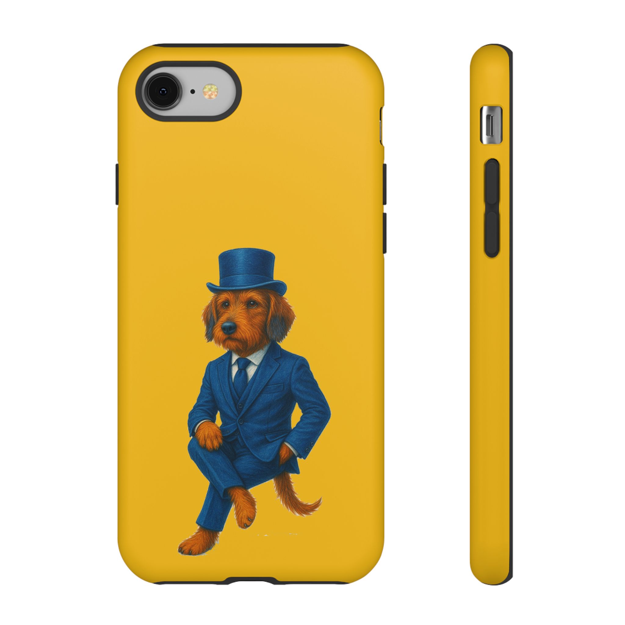 Phone case featuring a dog dressed in a blue suit and top hat against a yellow background.