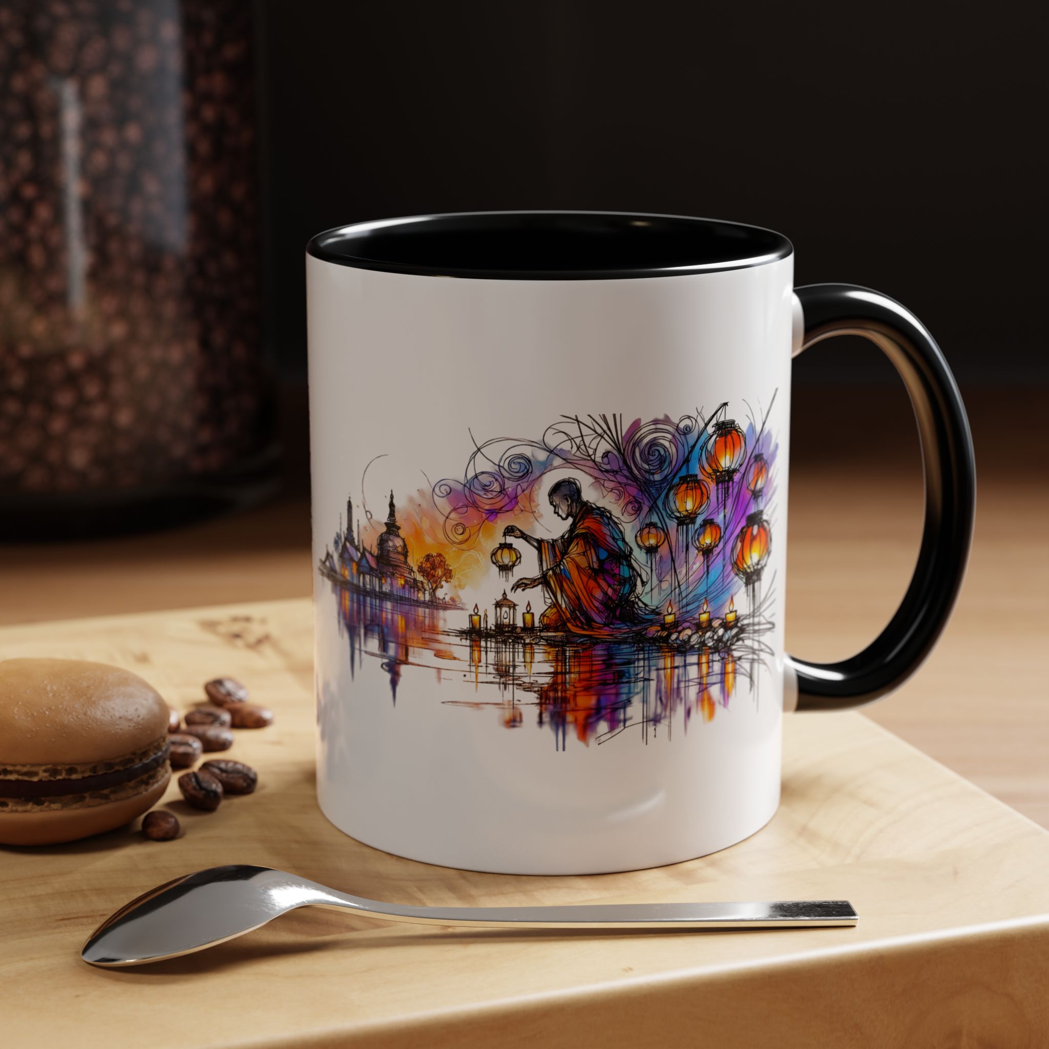 White ceramic mug with a colorful artistic design featuring a figure and lanterns, set on a wooden surface.