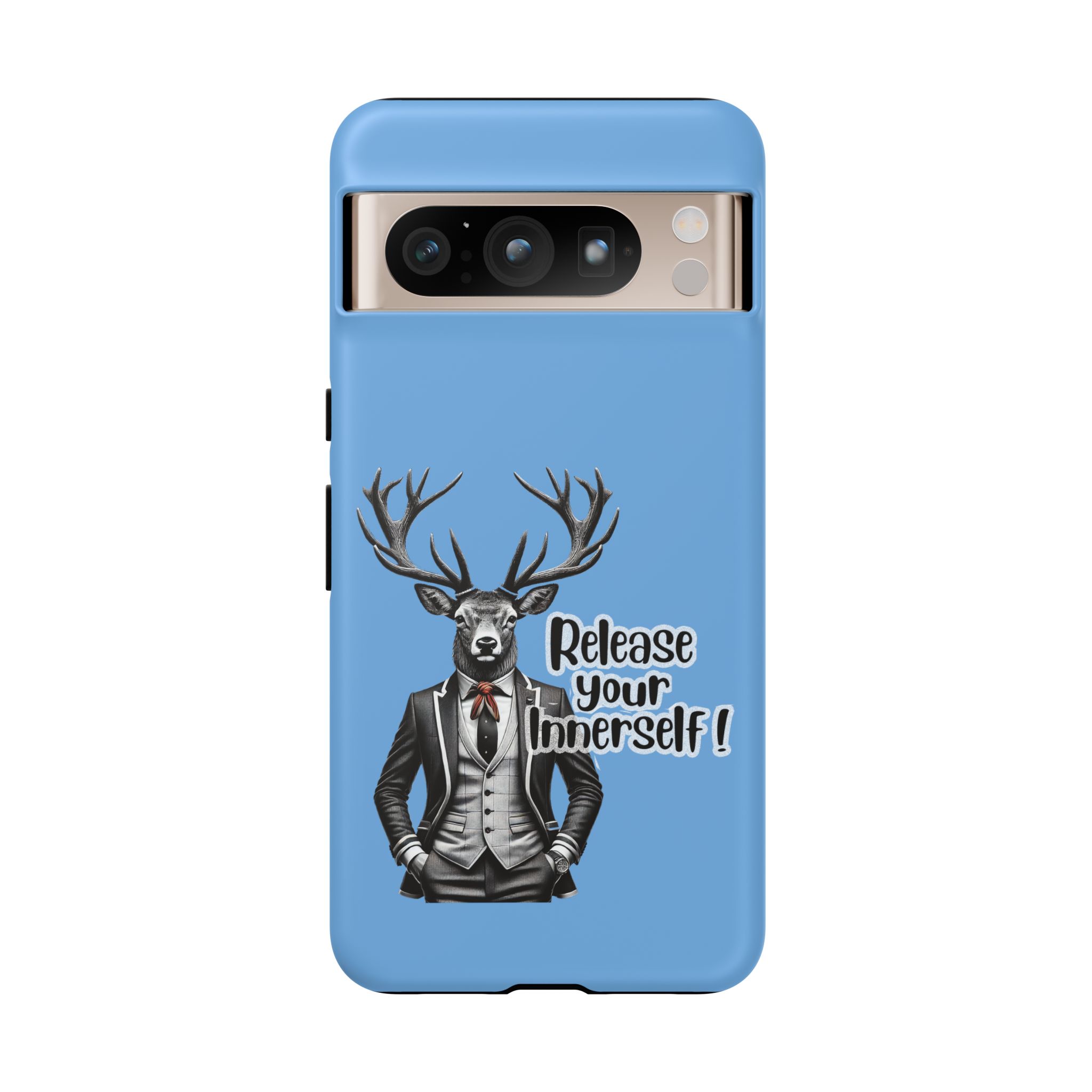 Phone case featuring a deer dressed in a suit with the text 'Release your Innerself'.