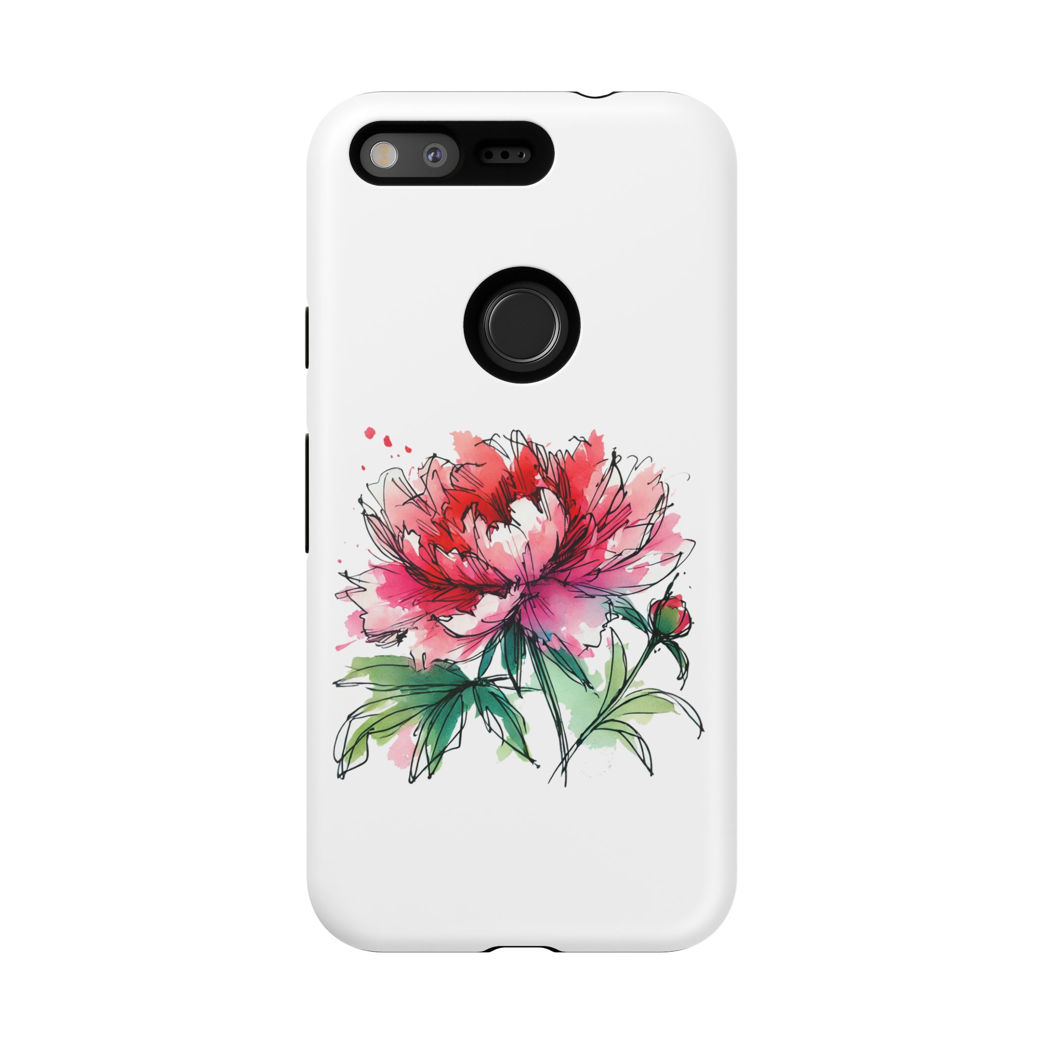 Illustration of a peony flower on a white phone case design with vibrant colors.