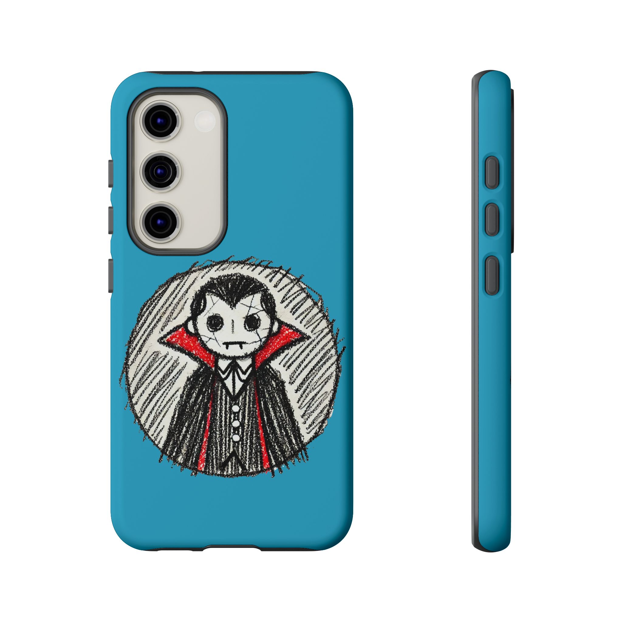 Blue phone case featuring a cartoon character with a black and white face and red cape.