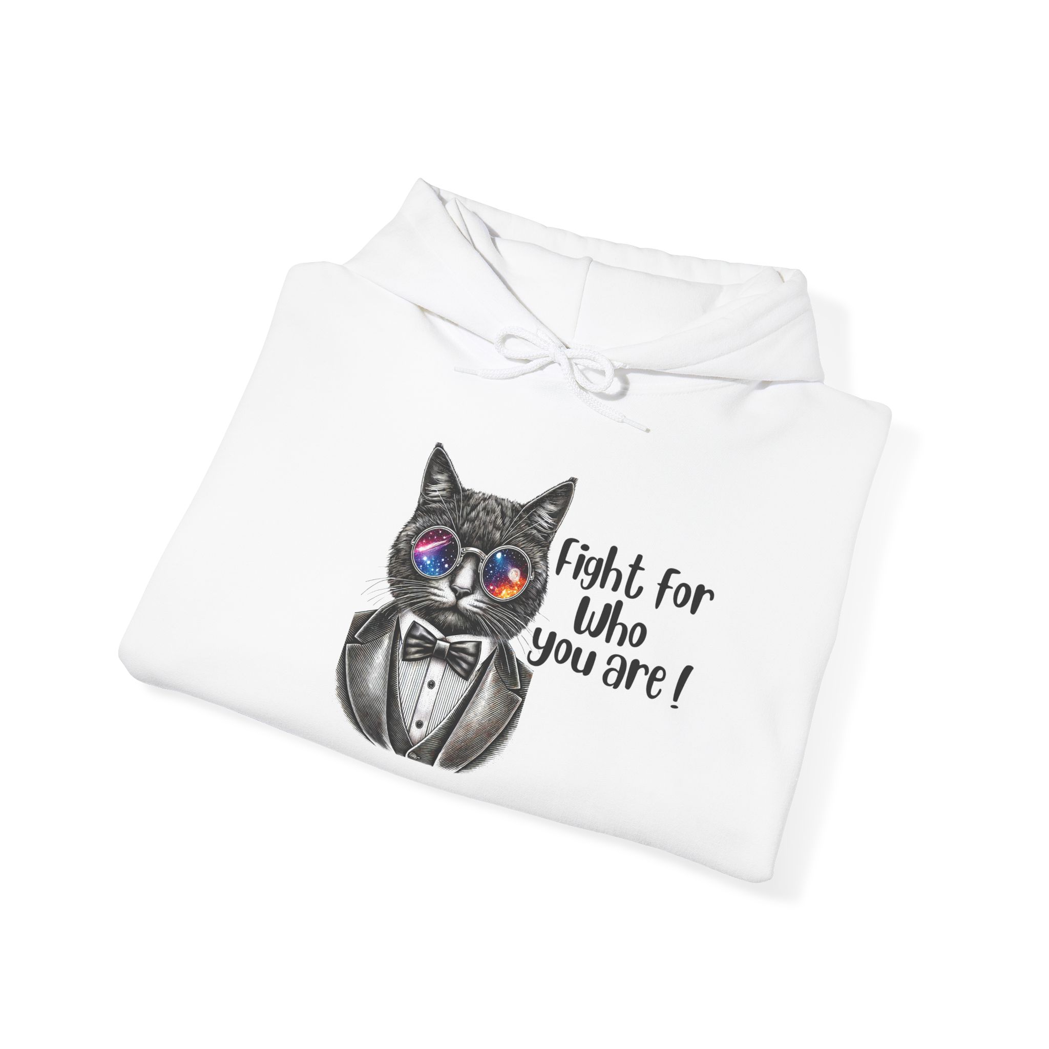 White hoodie featuring a cat in a tuxedo with colorful glasses and the text 'Fight for who you are!'