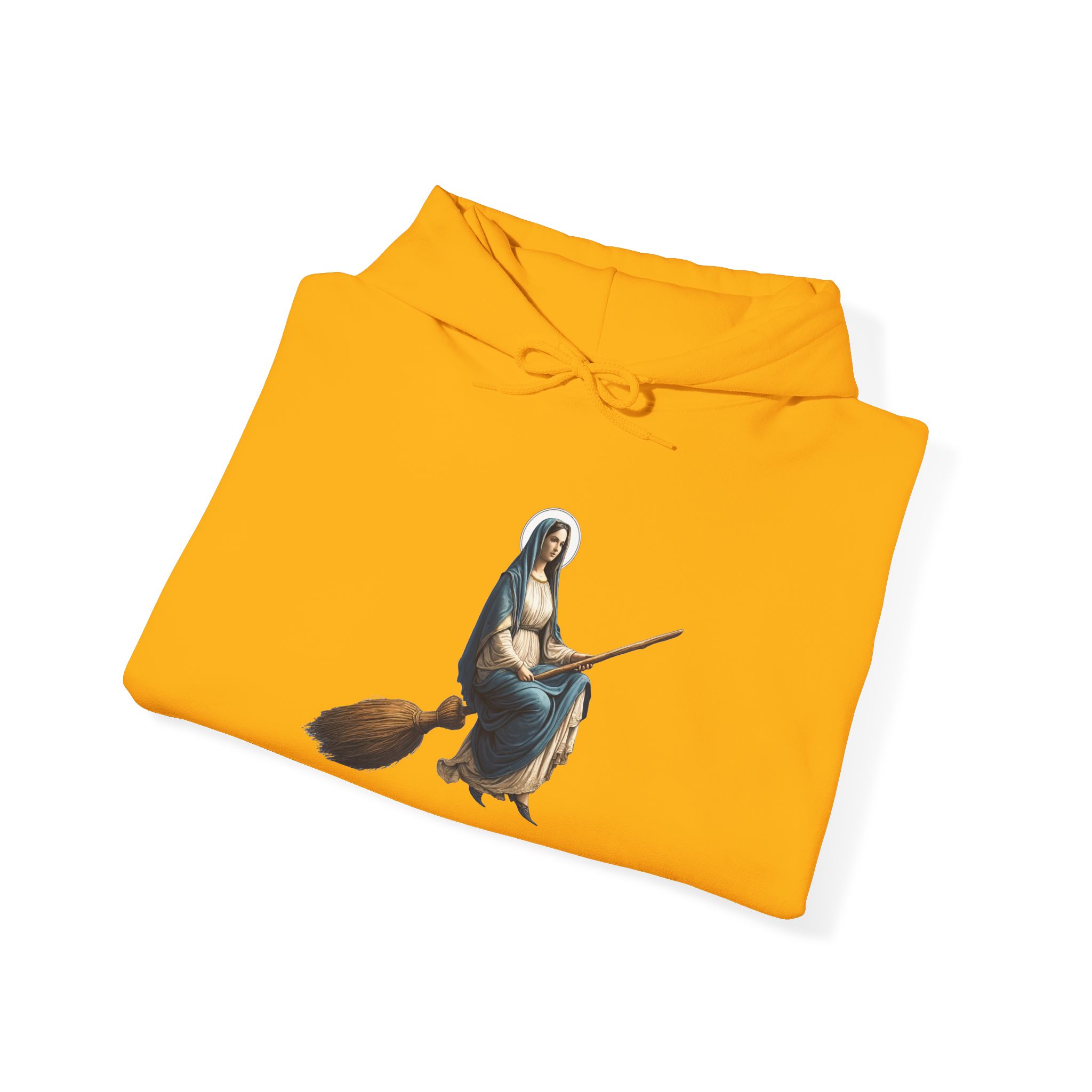 Yellow hoodie featuring a graphic of a witch riding a broomstick.