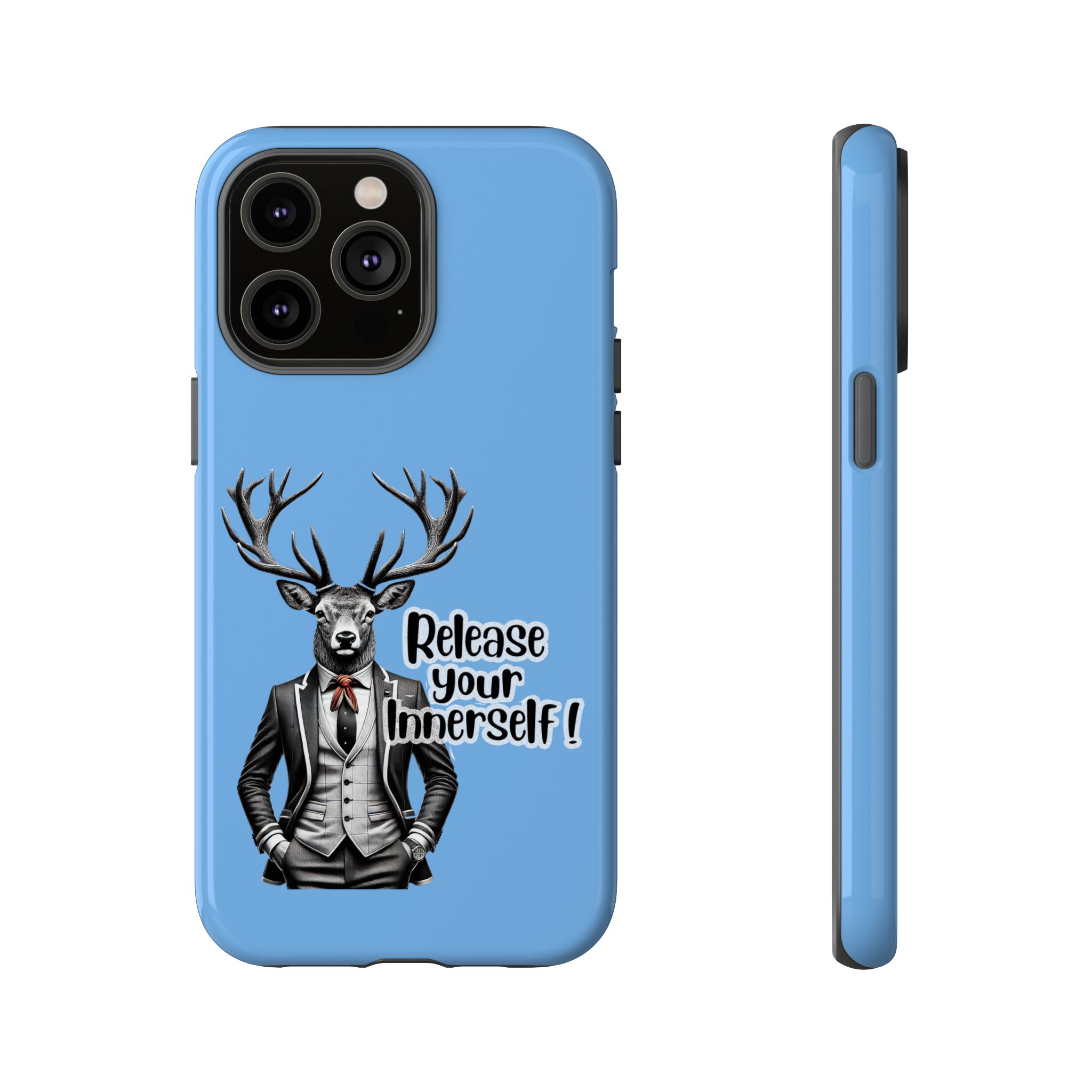 Blue phone case featuring a deer in a tuxedo with the text 'Release your Innerself'.