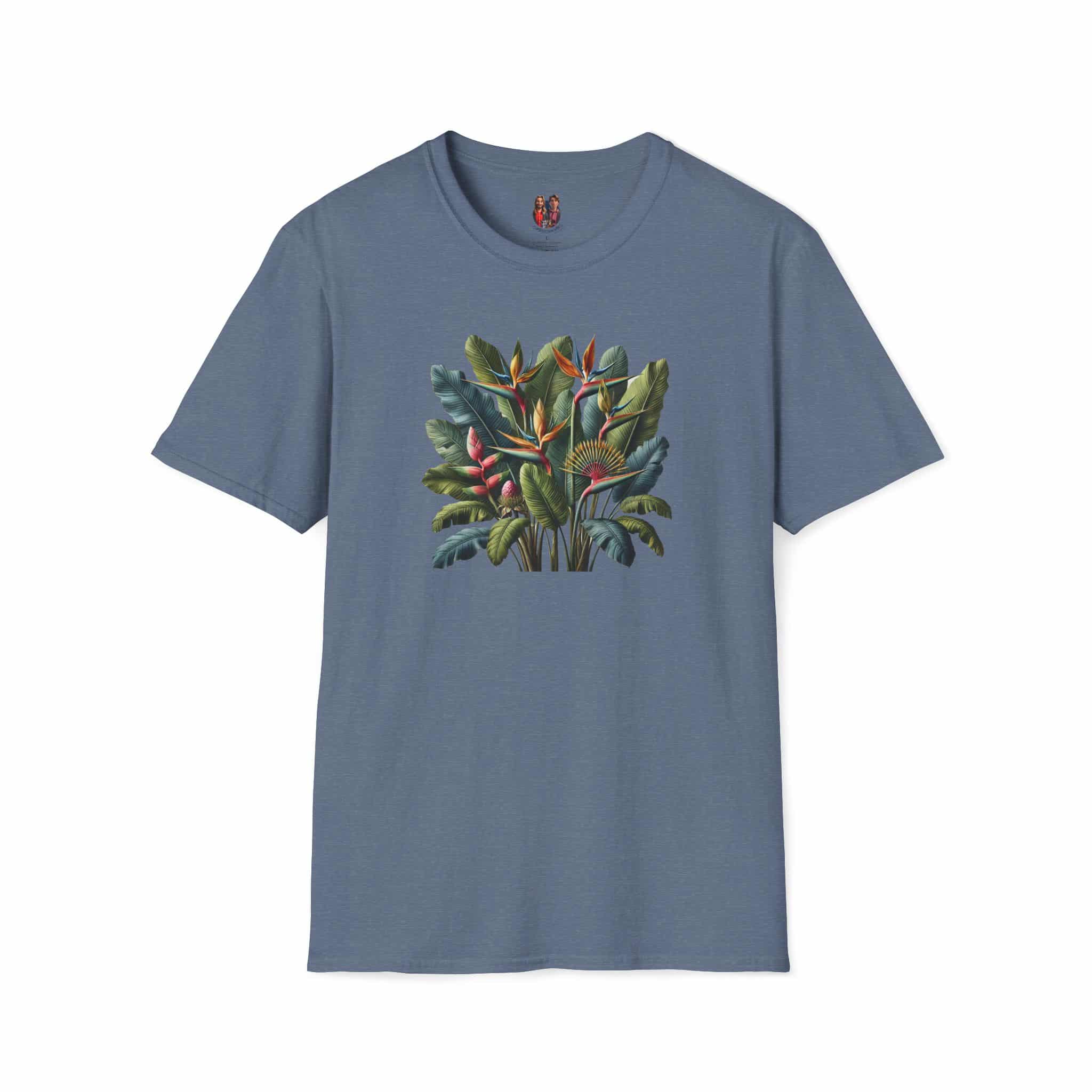 Blue t-shirt featuring a colorful tropical plant design on the front.