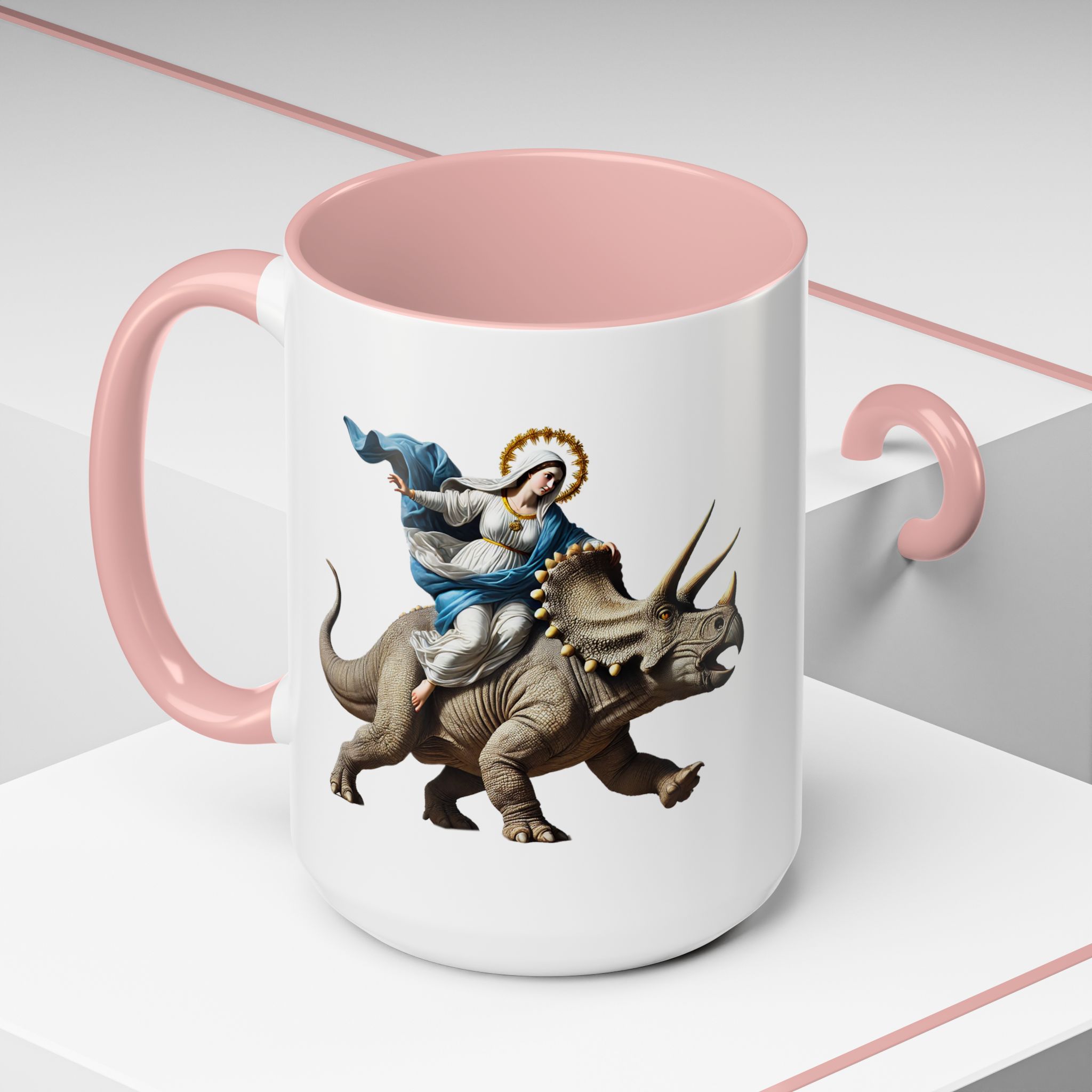 Sarcastic Coffee mug jurassic Virgin mary riding triceratops funny office mug boho gift tea cup cute accessory – Image 32