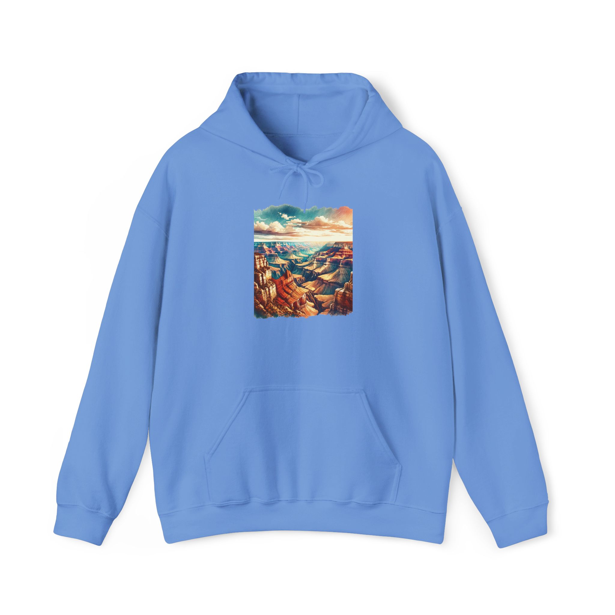 Light blue hoodie featuring a graphic of the Grand Canyon landscape on the front.