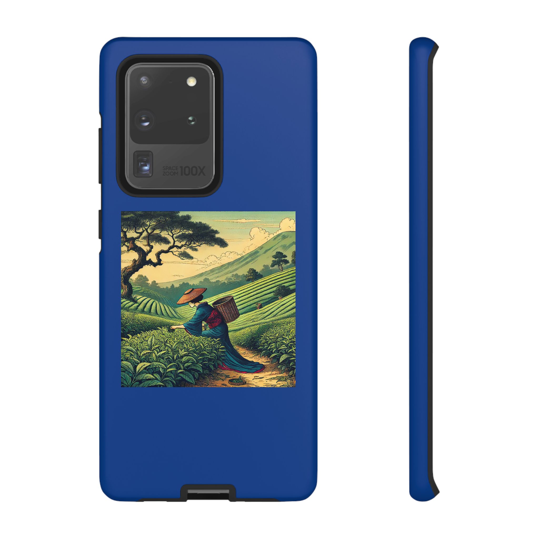 Blue phone case featuring a landscape design with a person carrying a basket in a tea plantation.