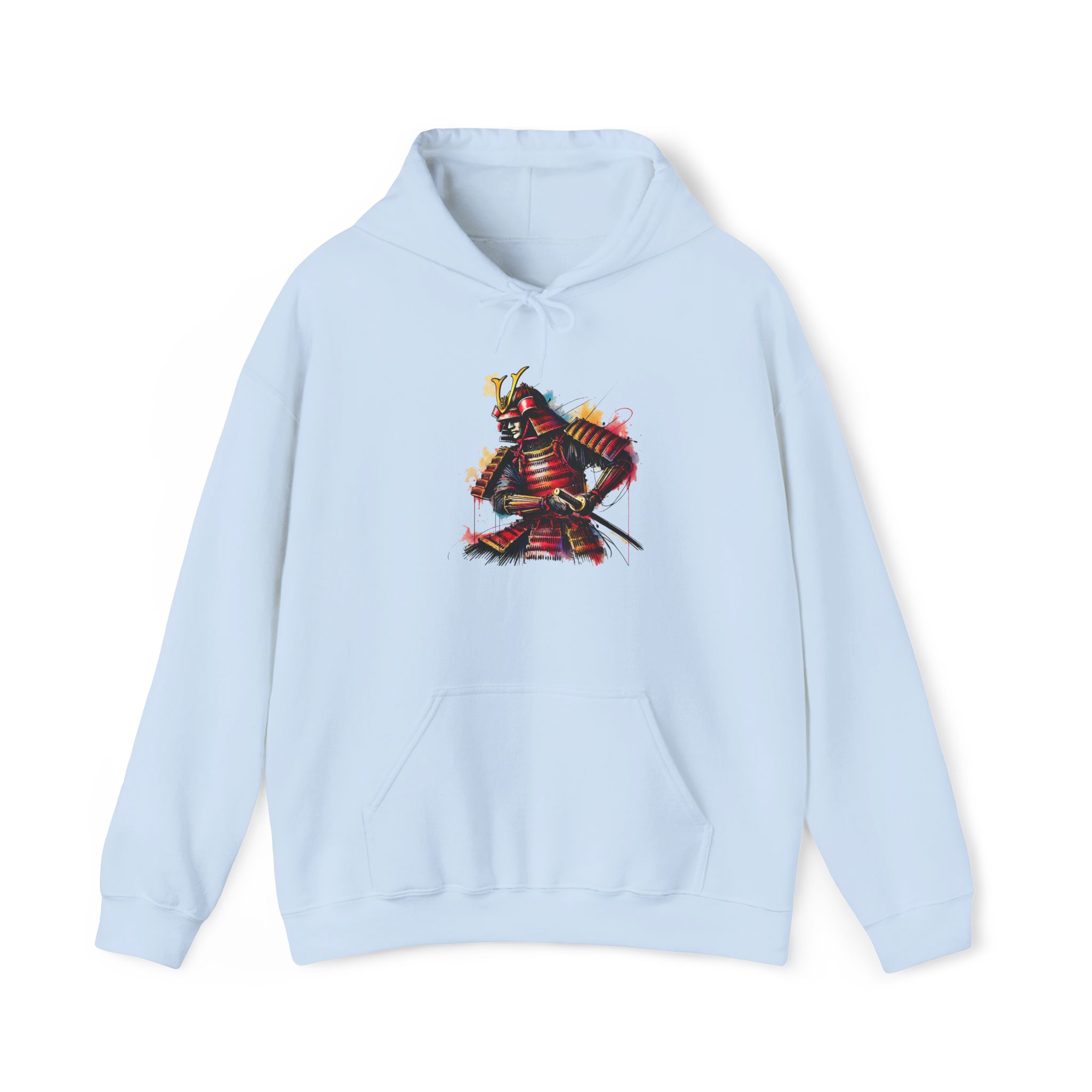 Light blue hoodie featuring a colorful samurai graphic on the front.