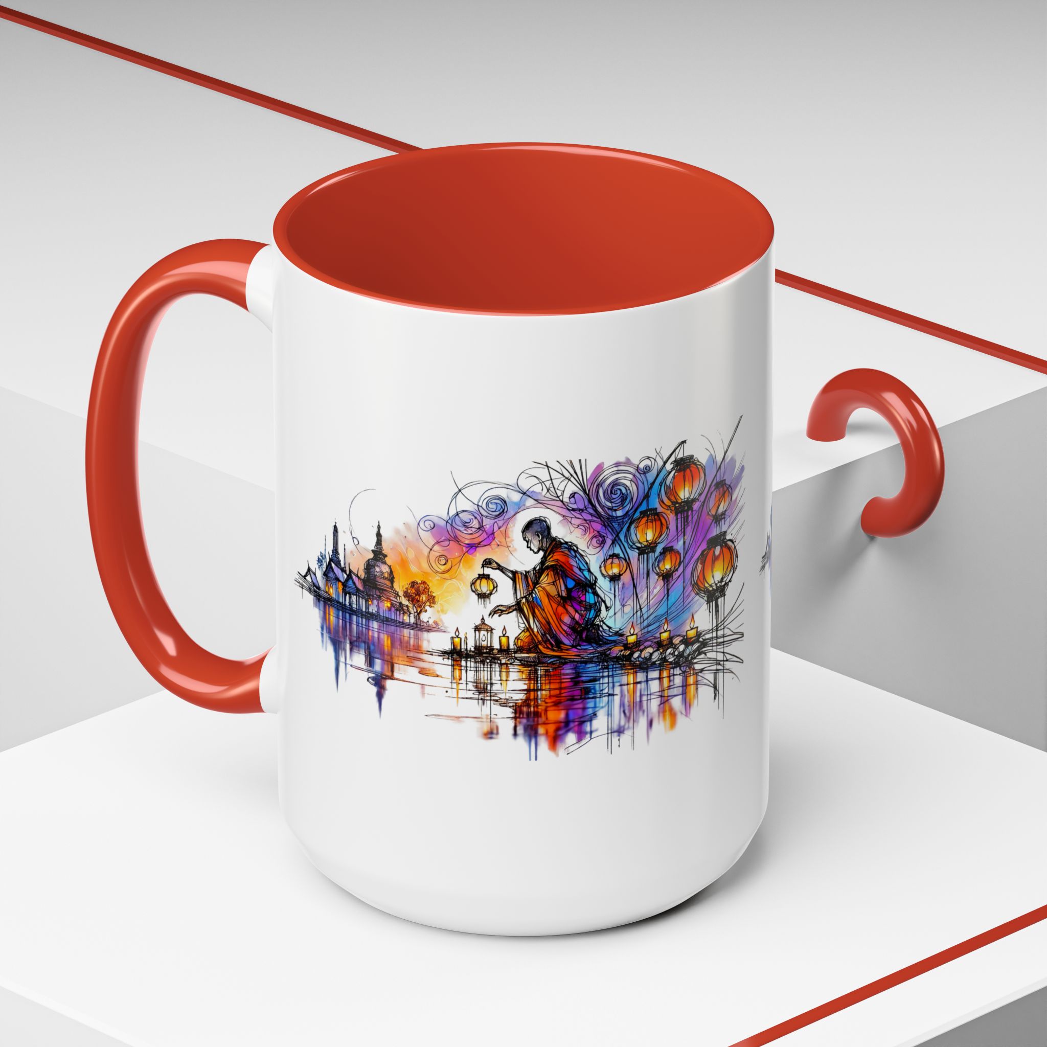 Mug with a red handle and interior, featuring an artistic design of a figure and lanterns.